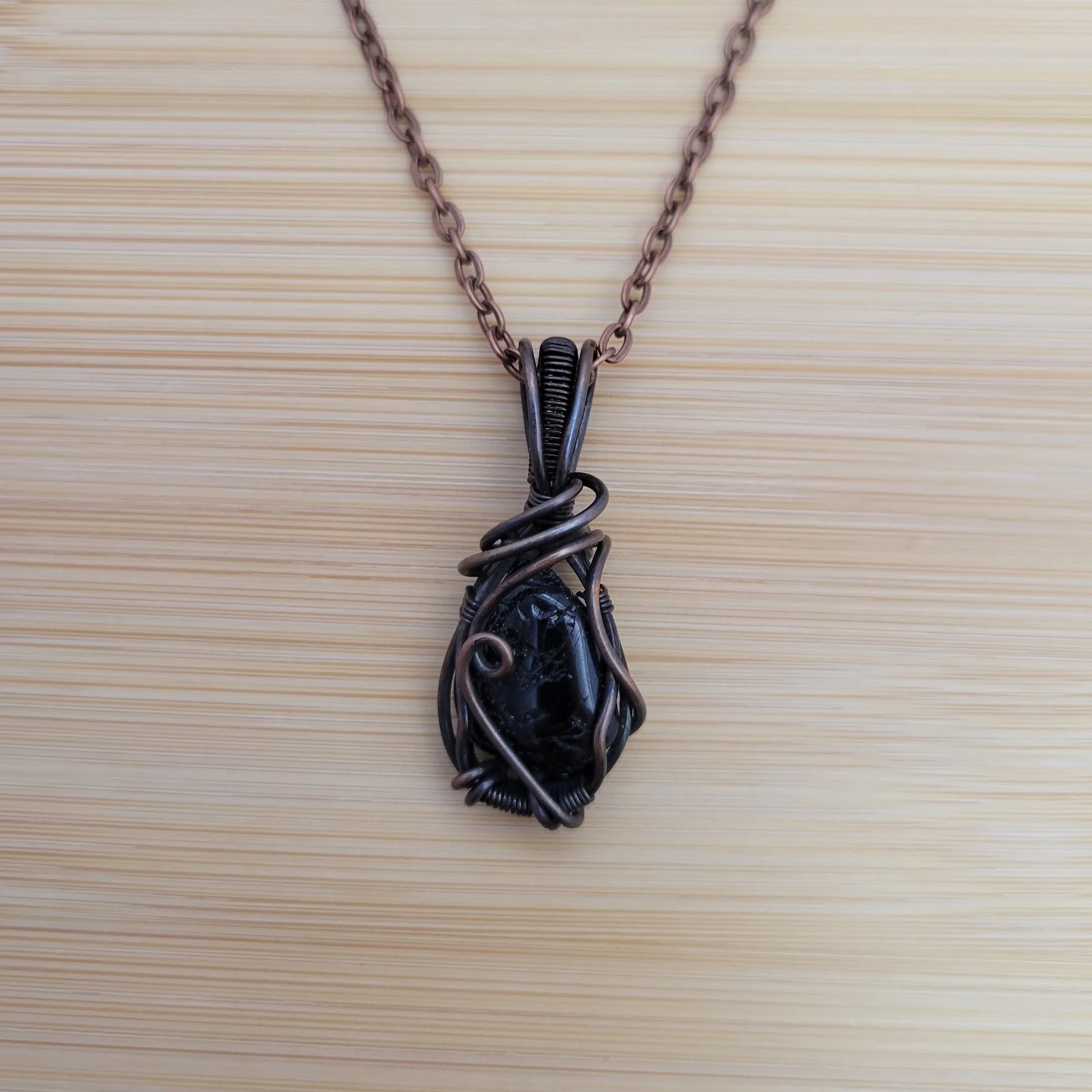 Handcrafted Tourmaline and Black Tourmaline Copper Pendant Necklace — detail view