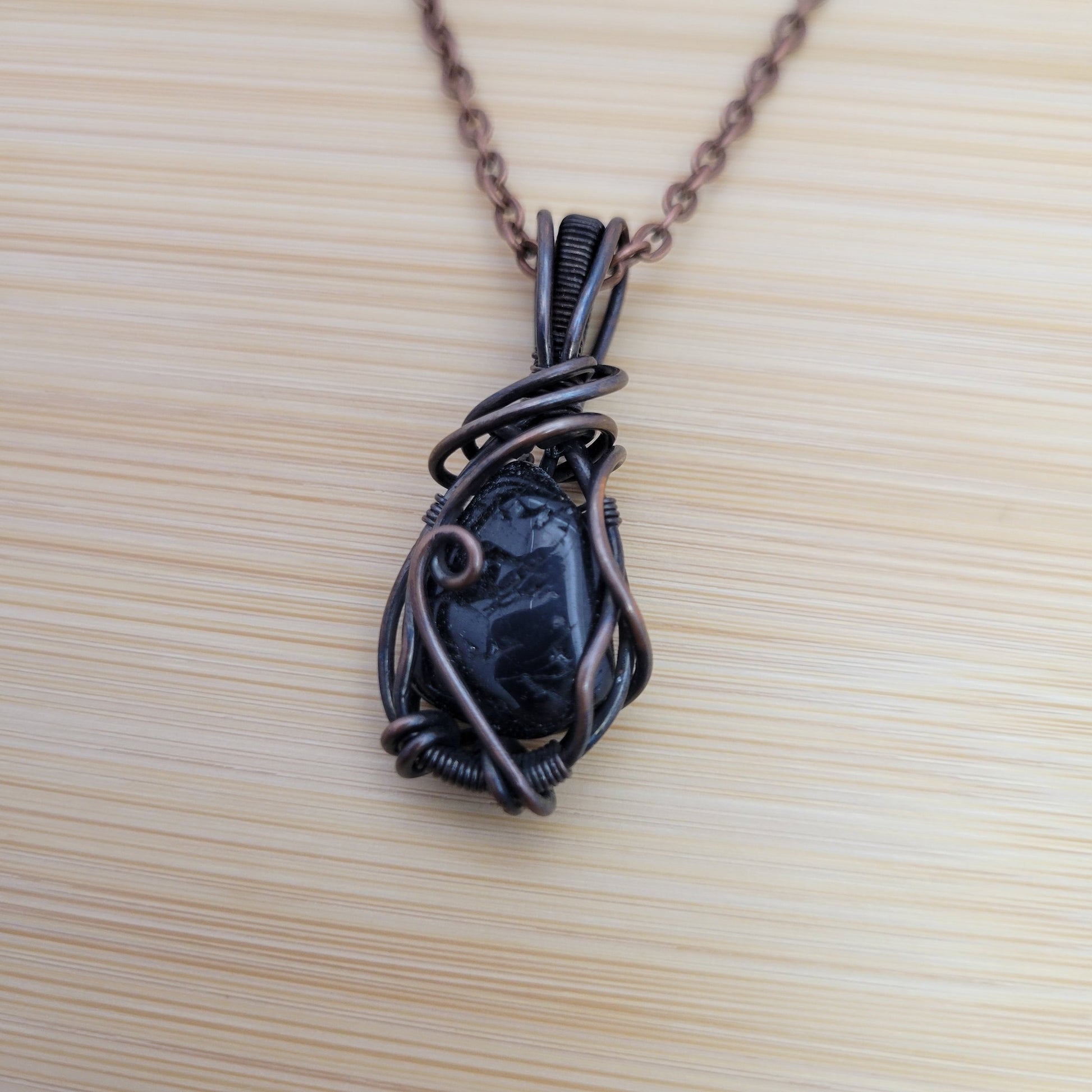 Handcrafted Tourmaline and Black Tourmaline Copper Pendant Necklace — reverse view