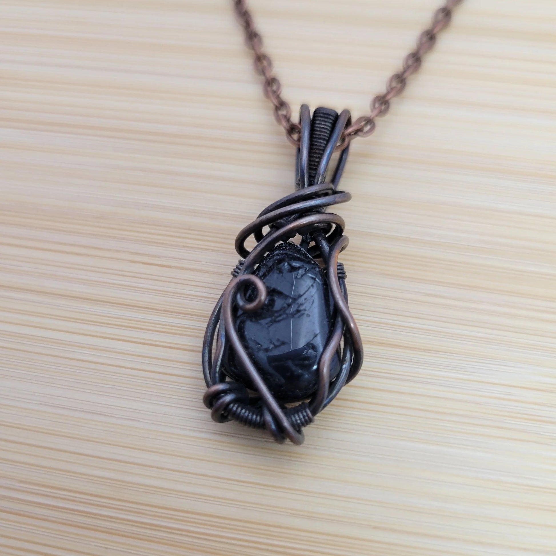 Handcrafted Tourmaline and Black Tourmaline Copper Pendant Necklace — side view