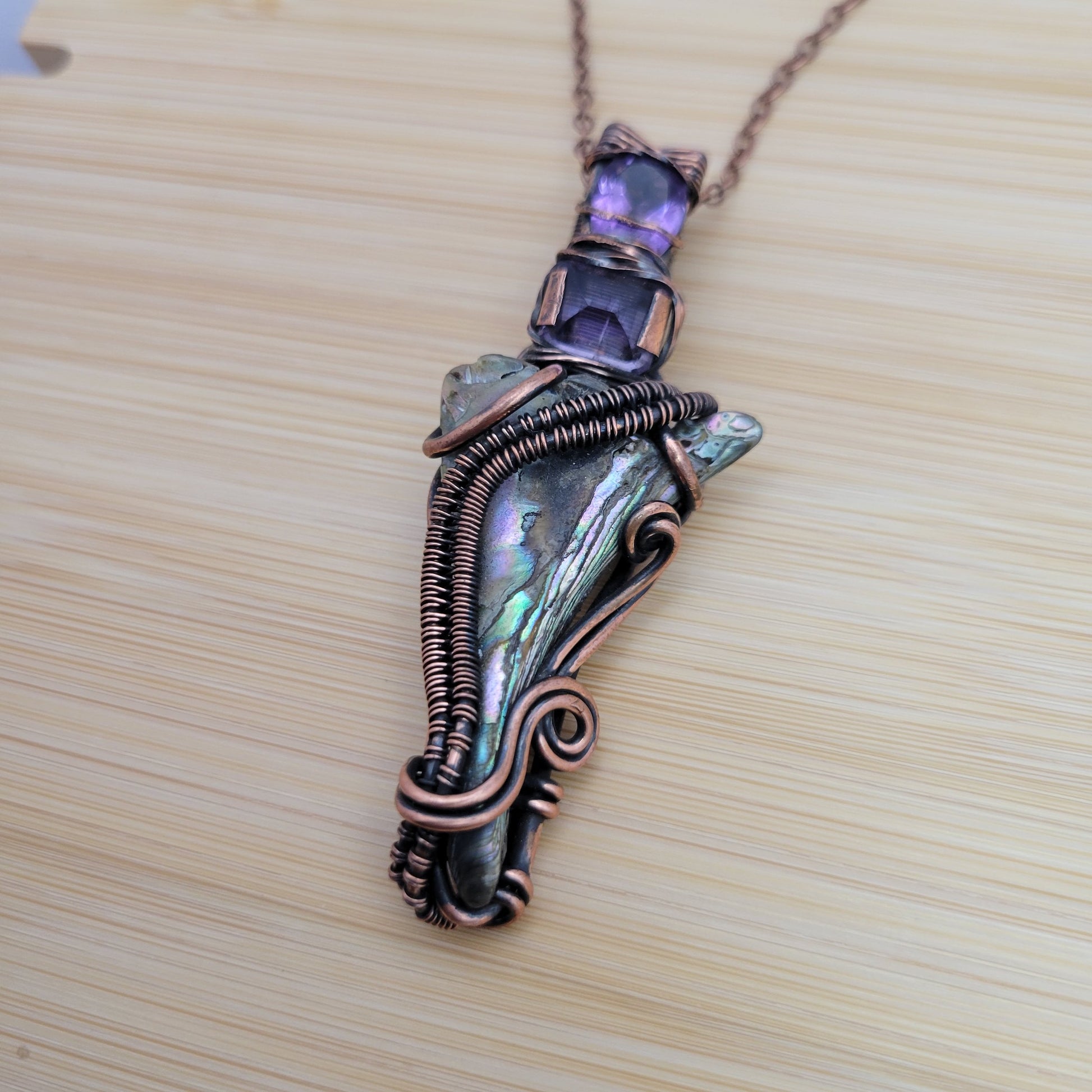 Handcrafted Abalone Shell and Amethyst Copper Pendant Necklace — side view