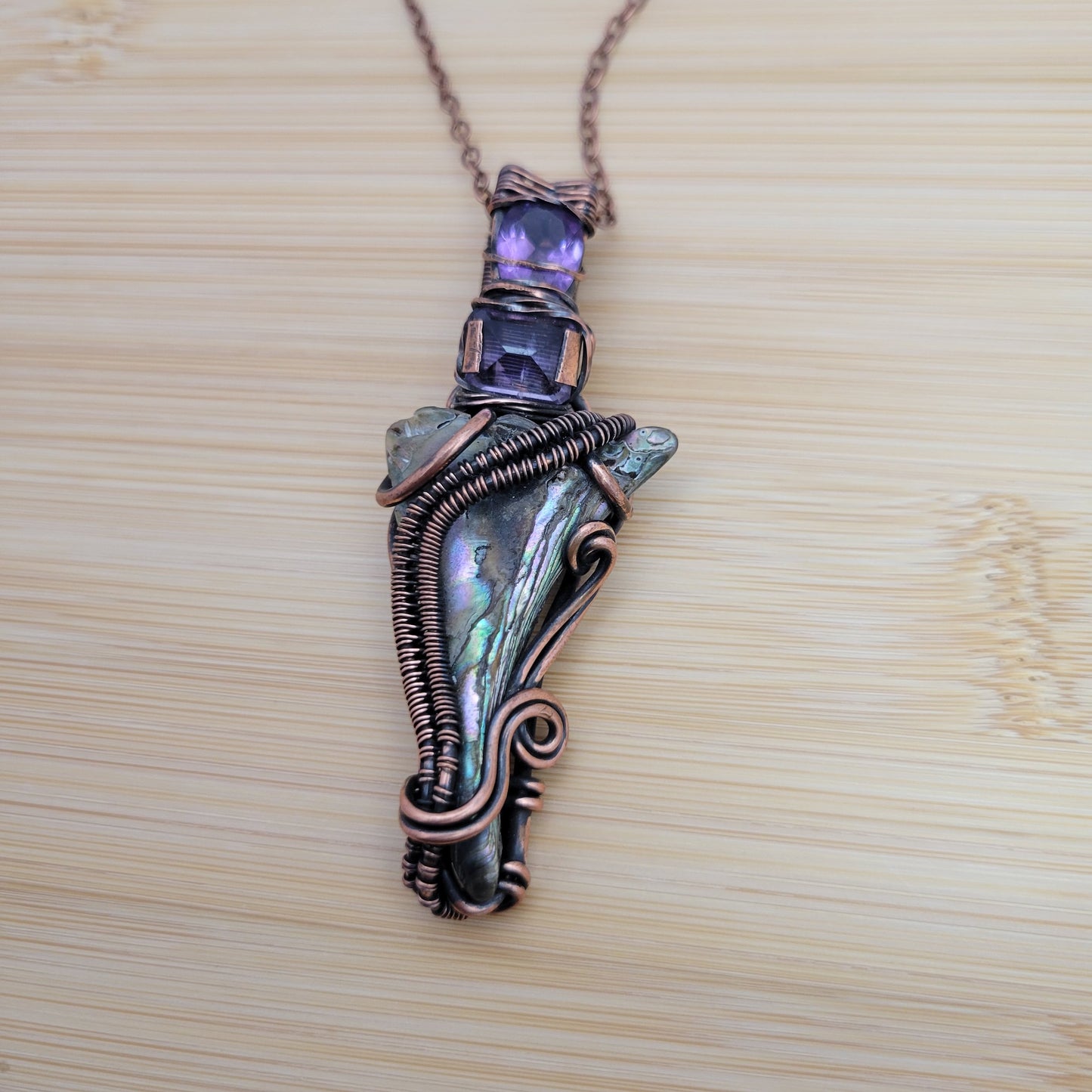 Handcrafted Abalone Shell and Amethyst Copper Pendant Necklace — detail view