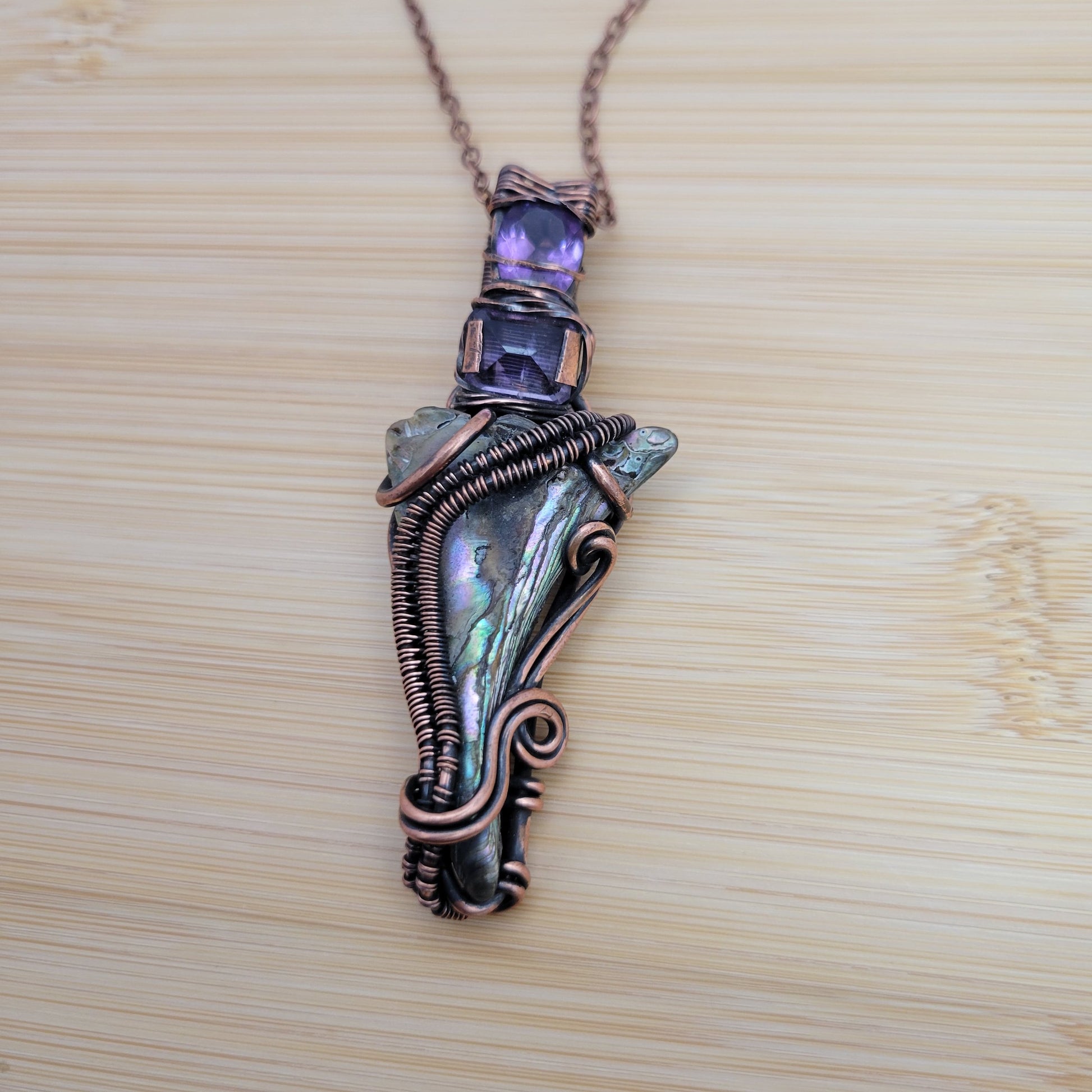 Handcrafted Abalone Shell and Amethyst Copper Pendant Necklace — detail view