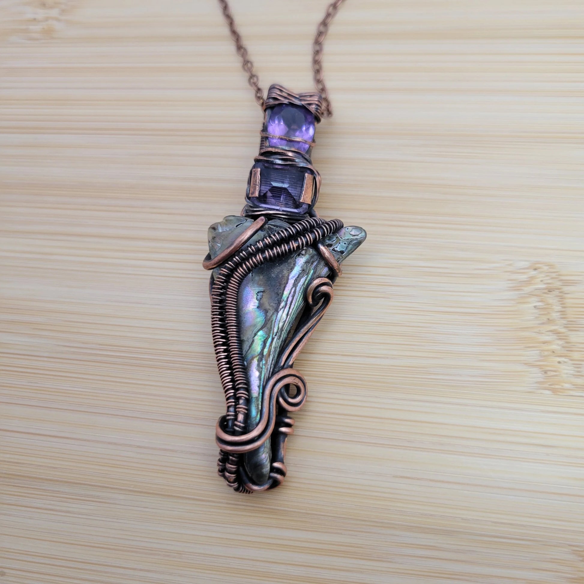 Handcrafted Abalone Shell and Amethyst Copper Pendant Necklace — reverse view