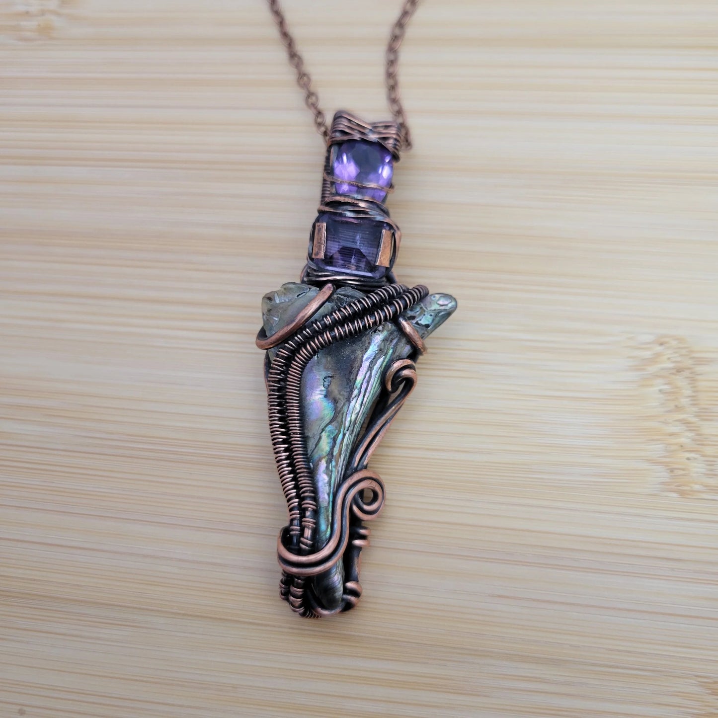 Handcrafted Abalone Shell and Amethyst Copper Pendant Necklace — close-up
