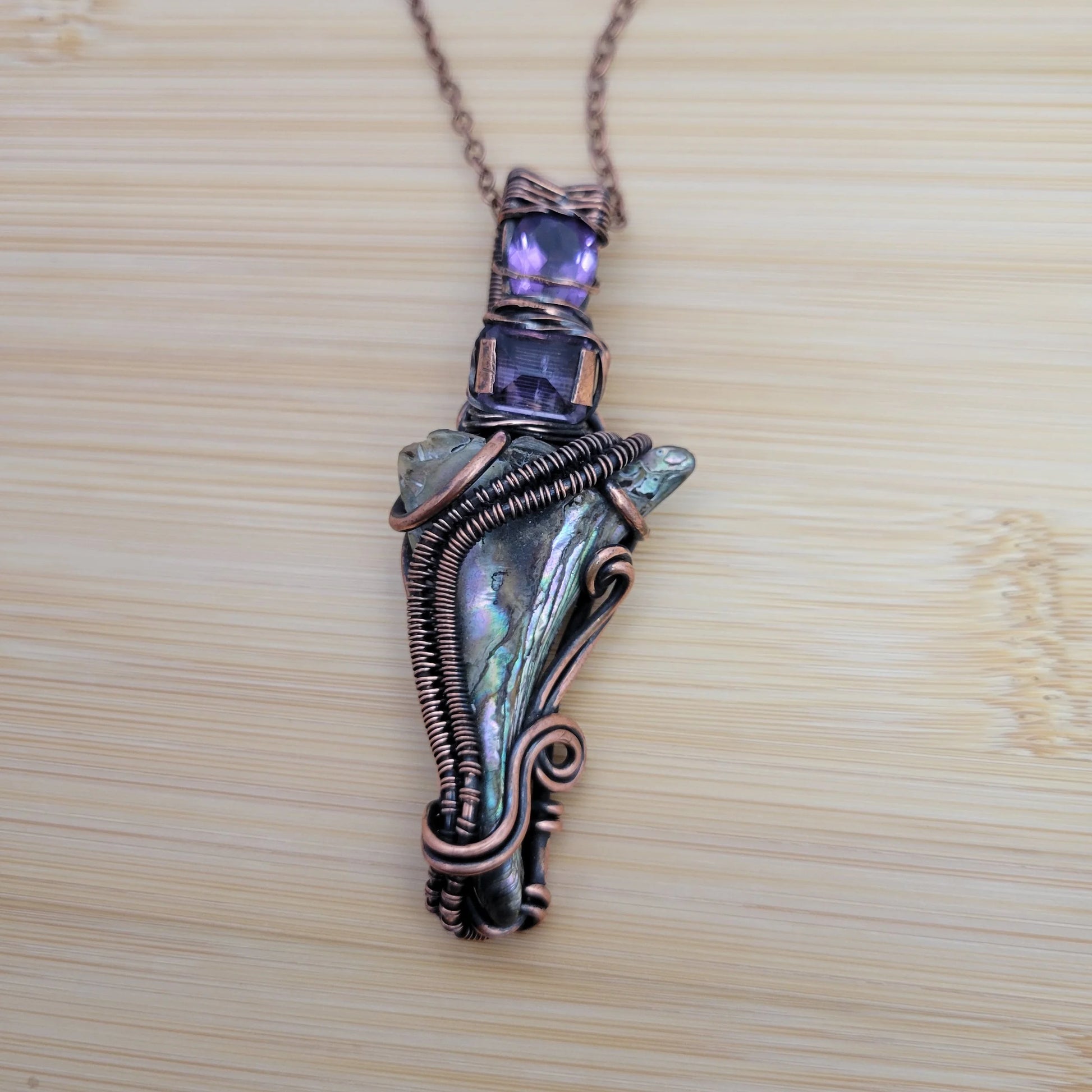 Handcrafted Abalone Shell and Amethyst Copper Pendant Necklace — close-up