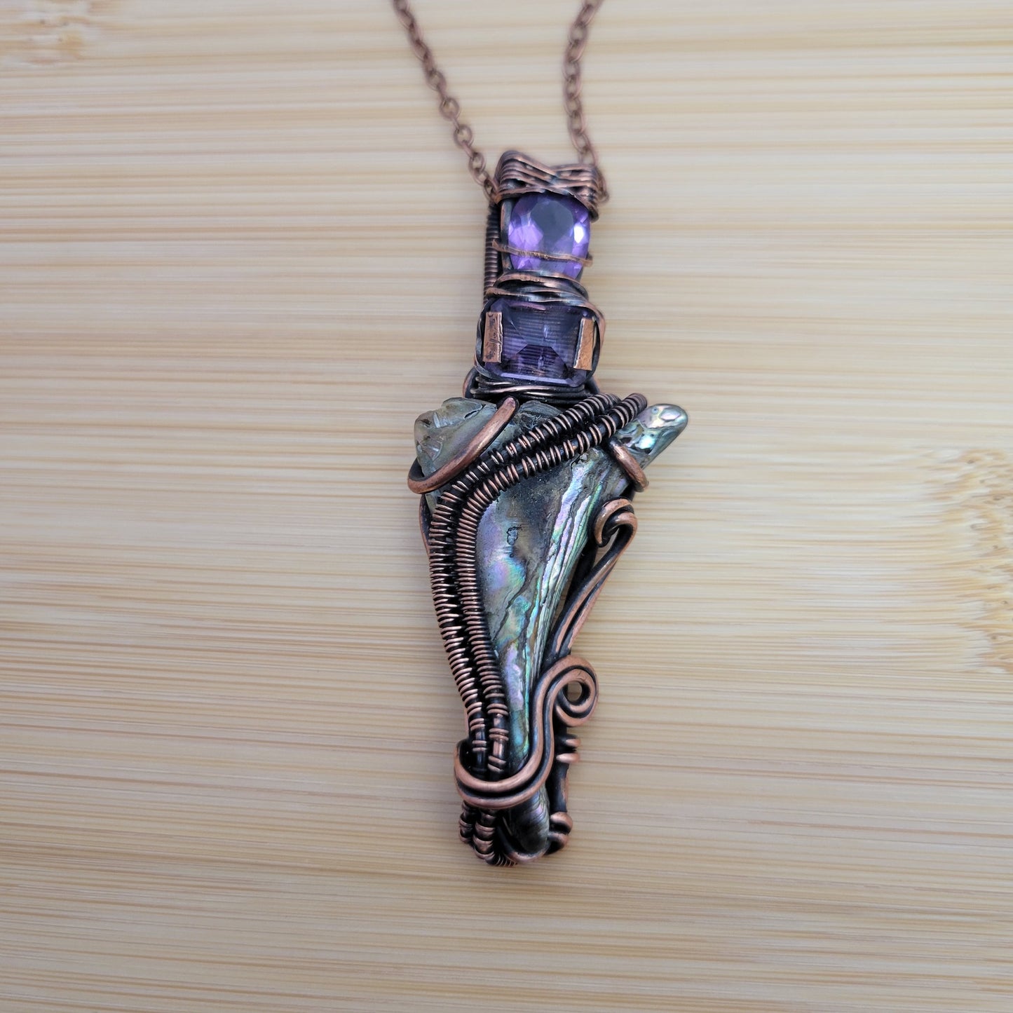 Handcrafted Abalone Shell and Amethyst Copper Pendant Necklace — product image 6