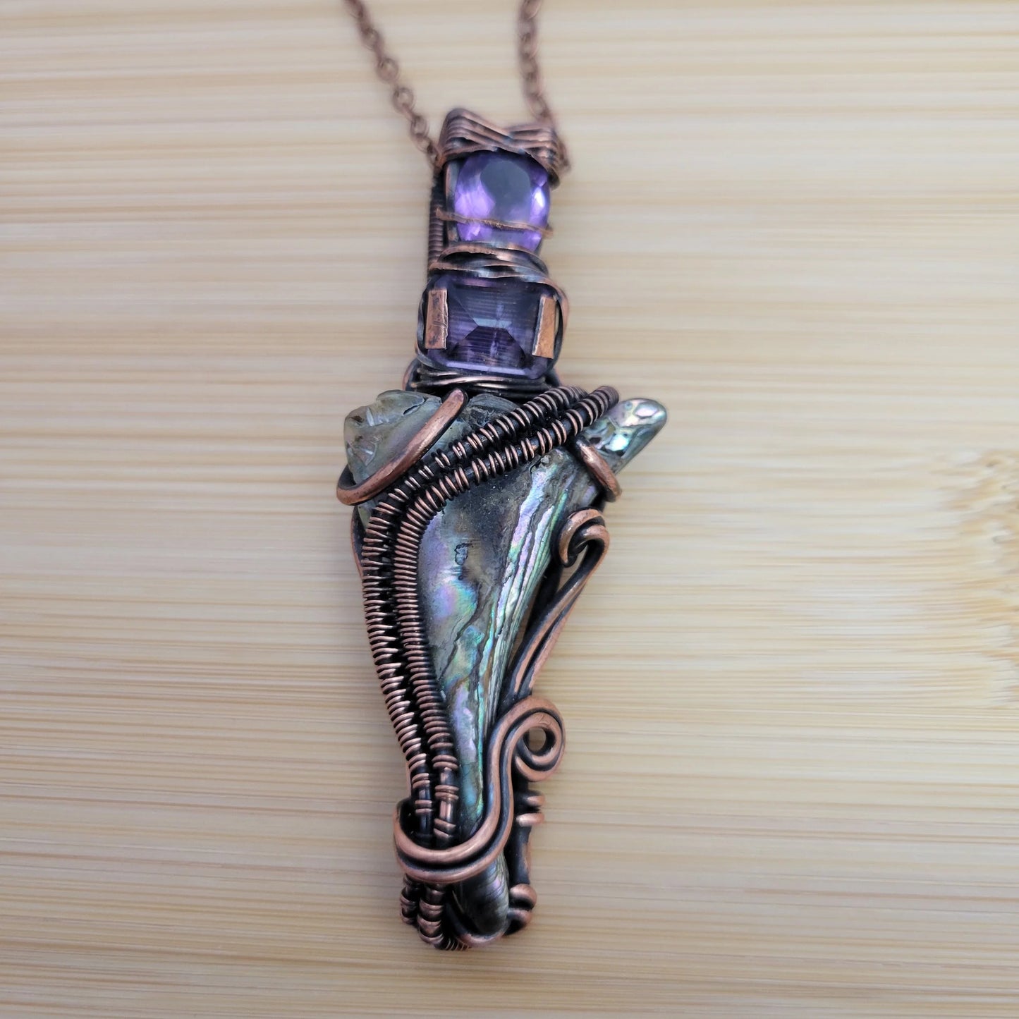 Handcrafted Abalone Shell and Amethyst Copper Pendant Necklace — front view