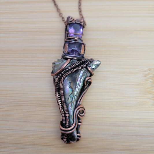 Handcrafted Abalone Shell and Amethyst Copper Pendant Necklace — front view