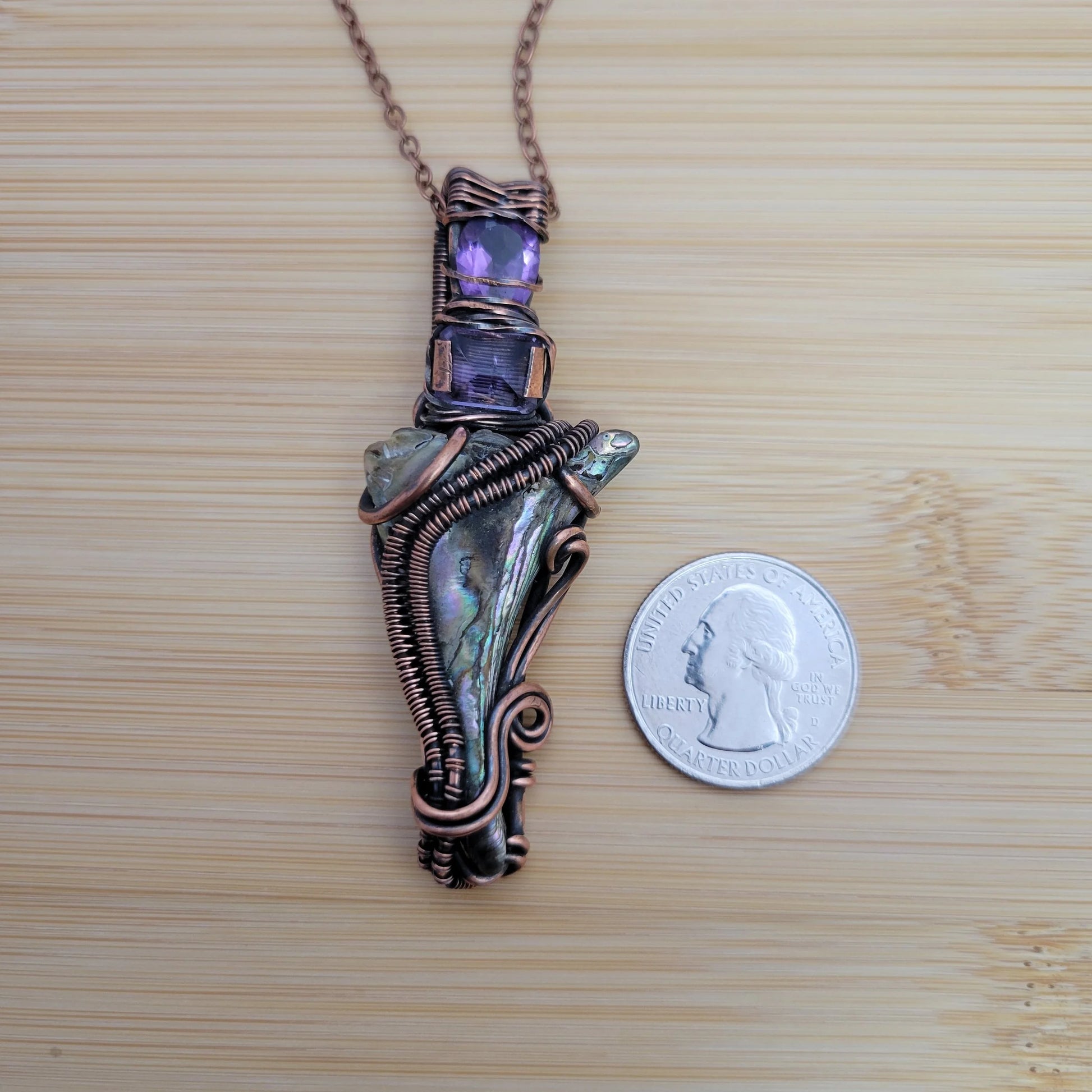 Handcrafted Abalone Shell and Amethyst Copper Pendant Necklace — product image 8