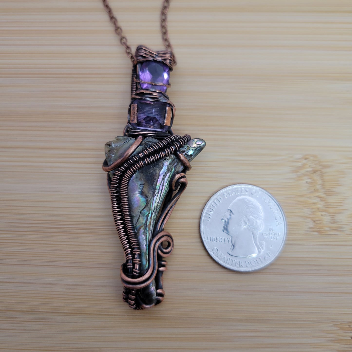 Handcrafted Abalone Shell and Amethyst Copper Pendant Necklace — product image 7