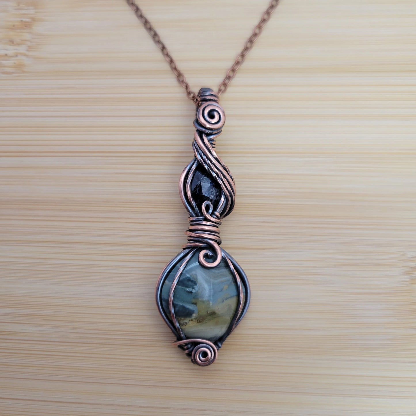Handcrafted Gary Green Jasper and Tourmaline Copper Pendant Necklace — detail view