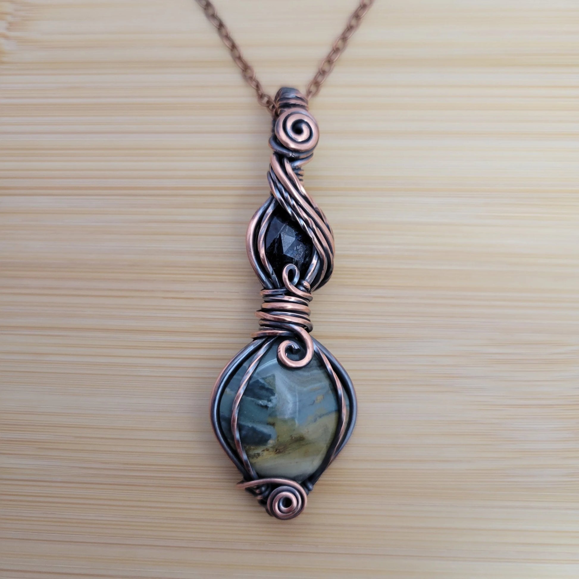 Handcrafted Gary Green Jasper and Tourmaline Copper Pendant Necklace — front view