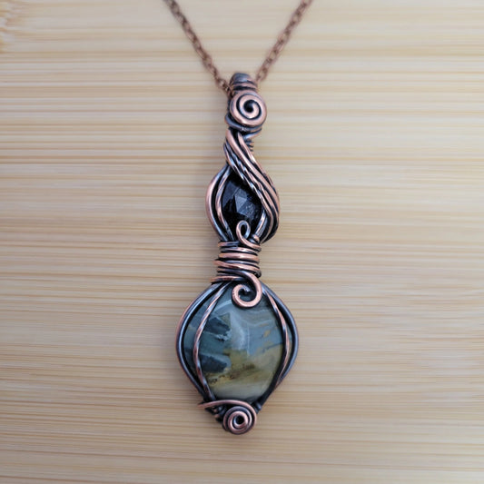 Handcrafted Gary Green Jasper and Tourmaline Copper Pendant Necklace — front view