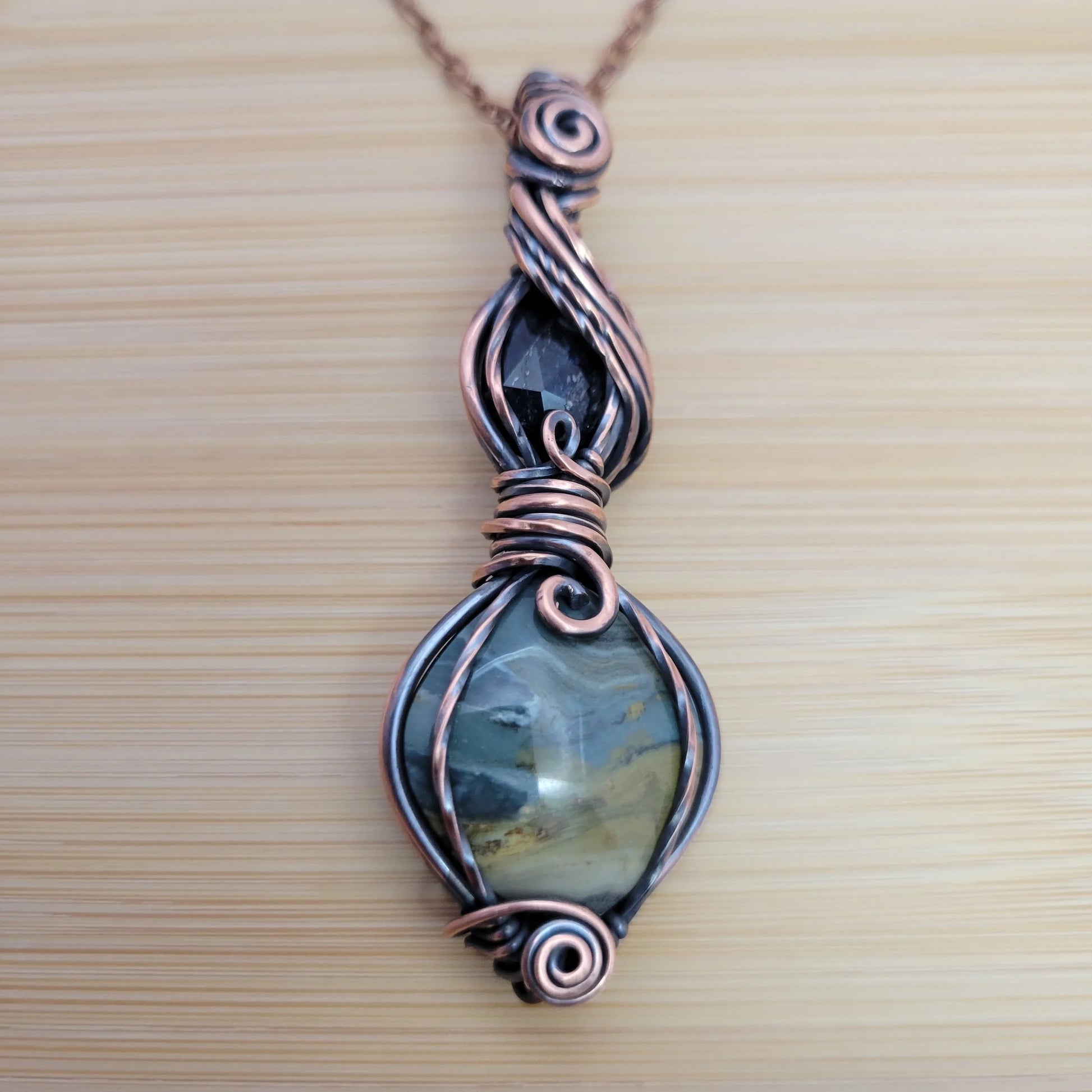 Handcrafted Gary Green Jasper and Tourmaline Copper Pendant Necklace — reverse view