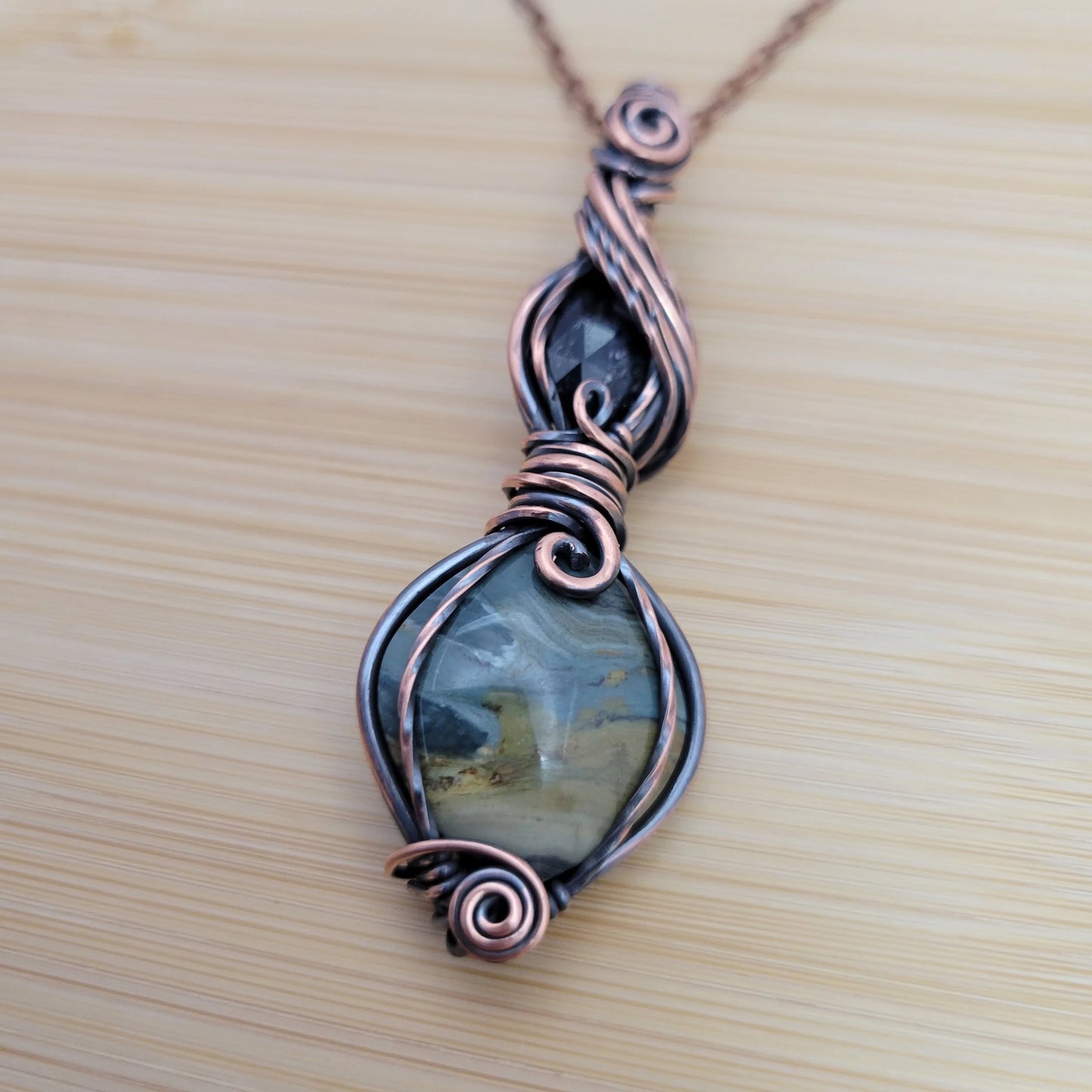 Handcrafted Gary Green Jasper and Tourmaline Copper Pendant Necklace — product image 6