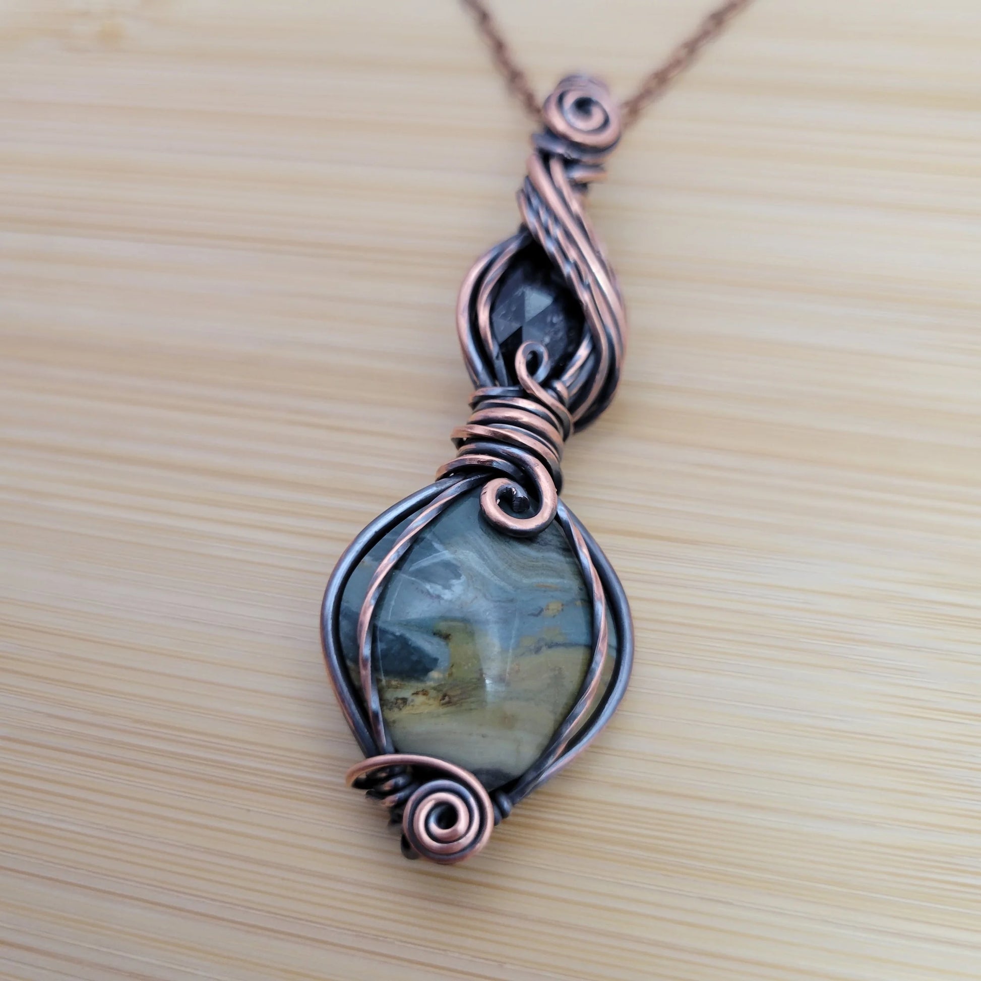 Handcrafted Gary Green Jasper and Tourmaline Copper Pendant Necklace — product image 6
