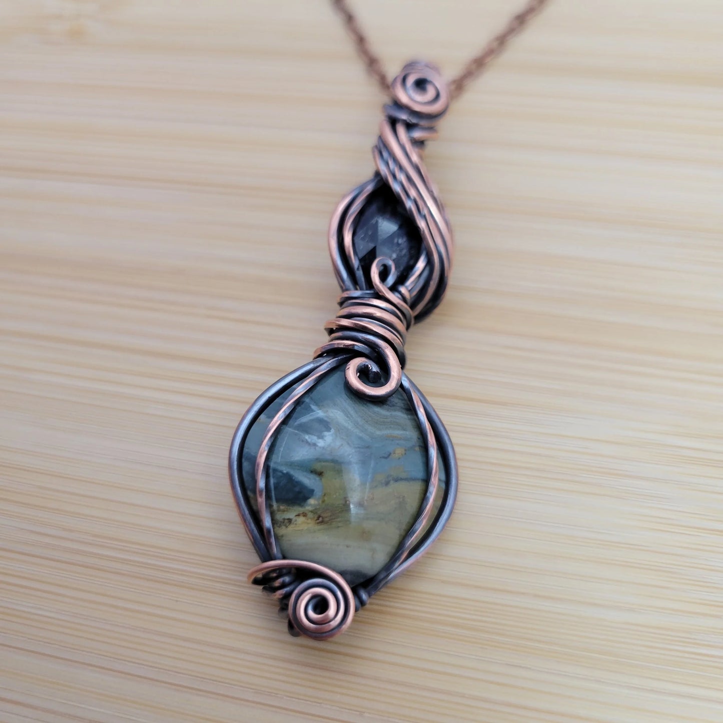 Handcrafted Gary Green Jasper and Tourmaline Copper Pendant Necklace — product image 7
