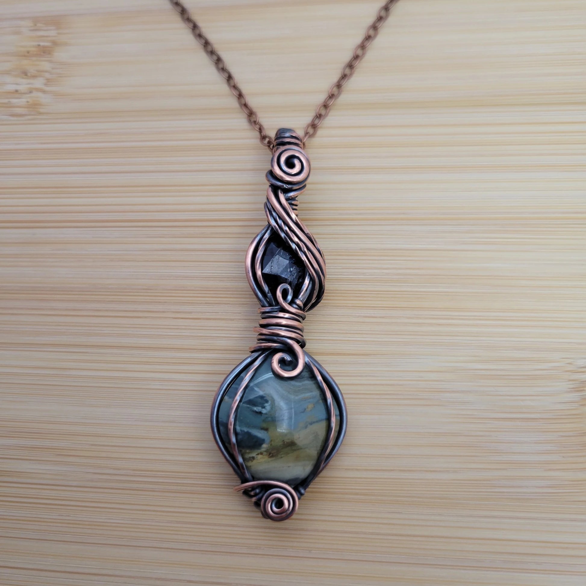 Handcrafted Gary Green Jasper and Tourmaline Copper Pendant Necklace — product image 8