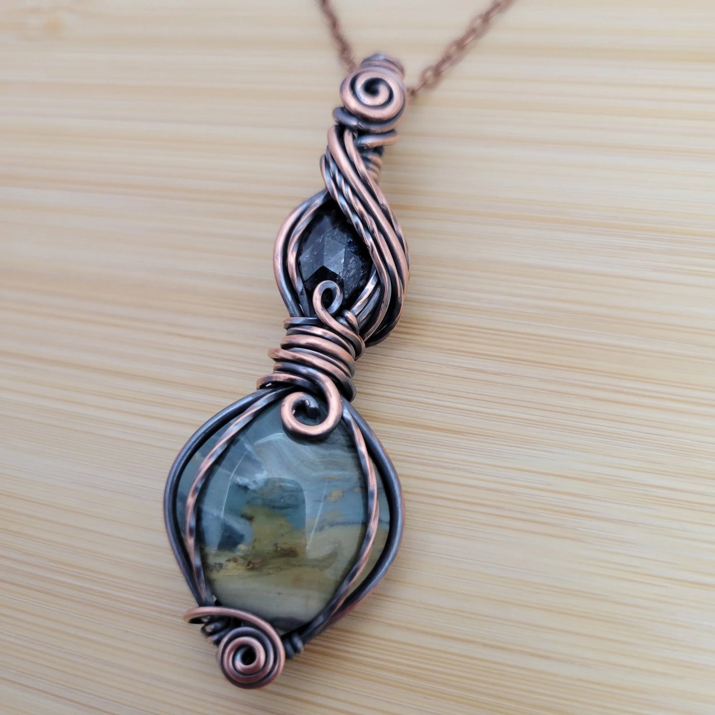 Handcrafted Gary Green Jasper and Tourmaline Copper Pendant Necklace — side view