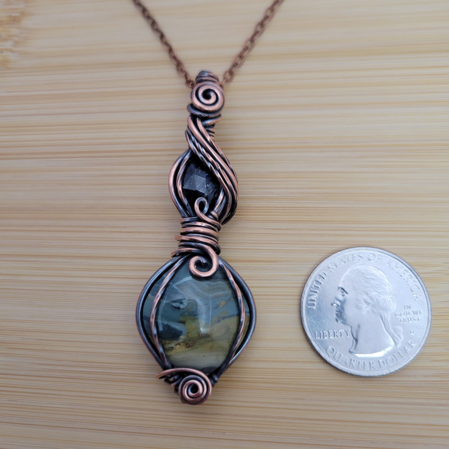 Handcrafted Gary Green Jasper and Tourmaline Copper Pendant Necklace — product image 9