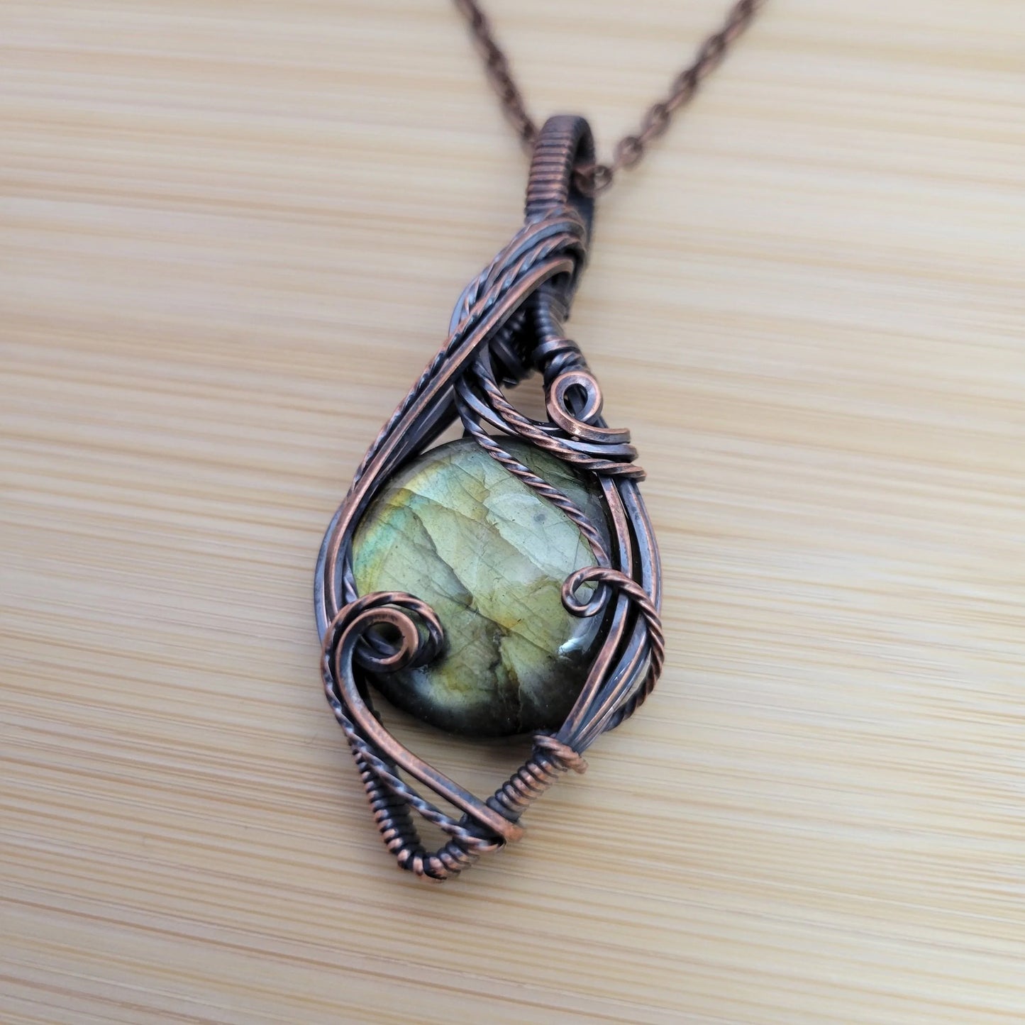 Handcrafted Labradorite Copper Pendant Necklace — close-up