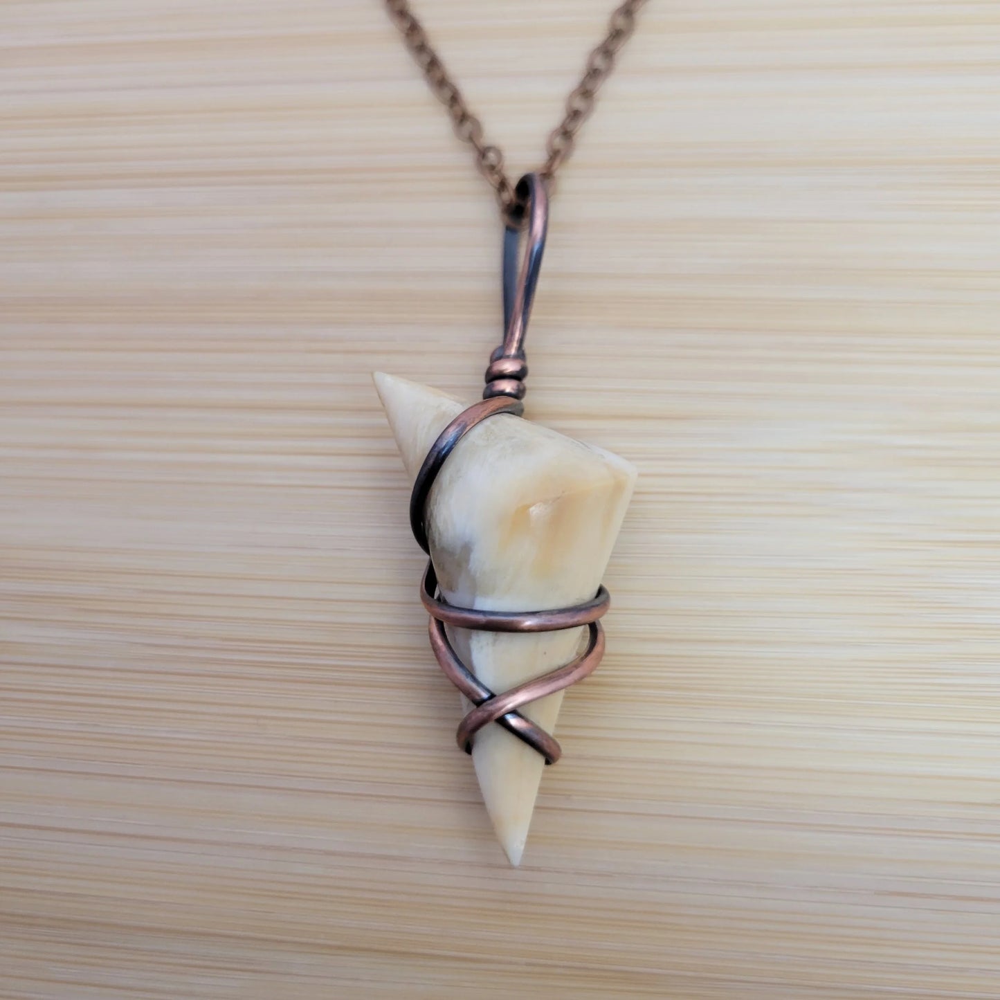 Handcrafted Petrified Wood Copper Pendant Necklace — detail view