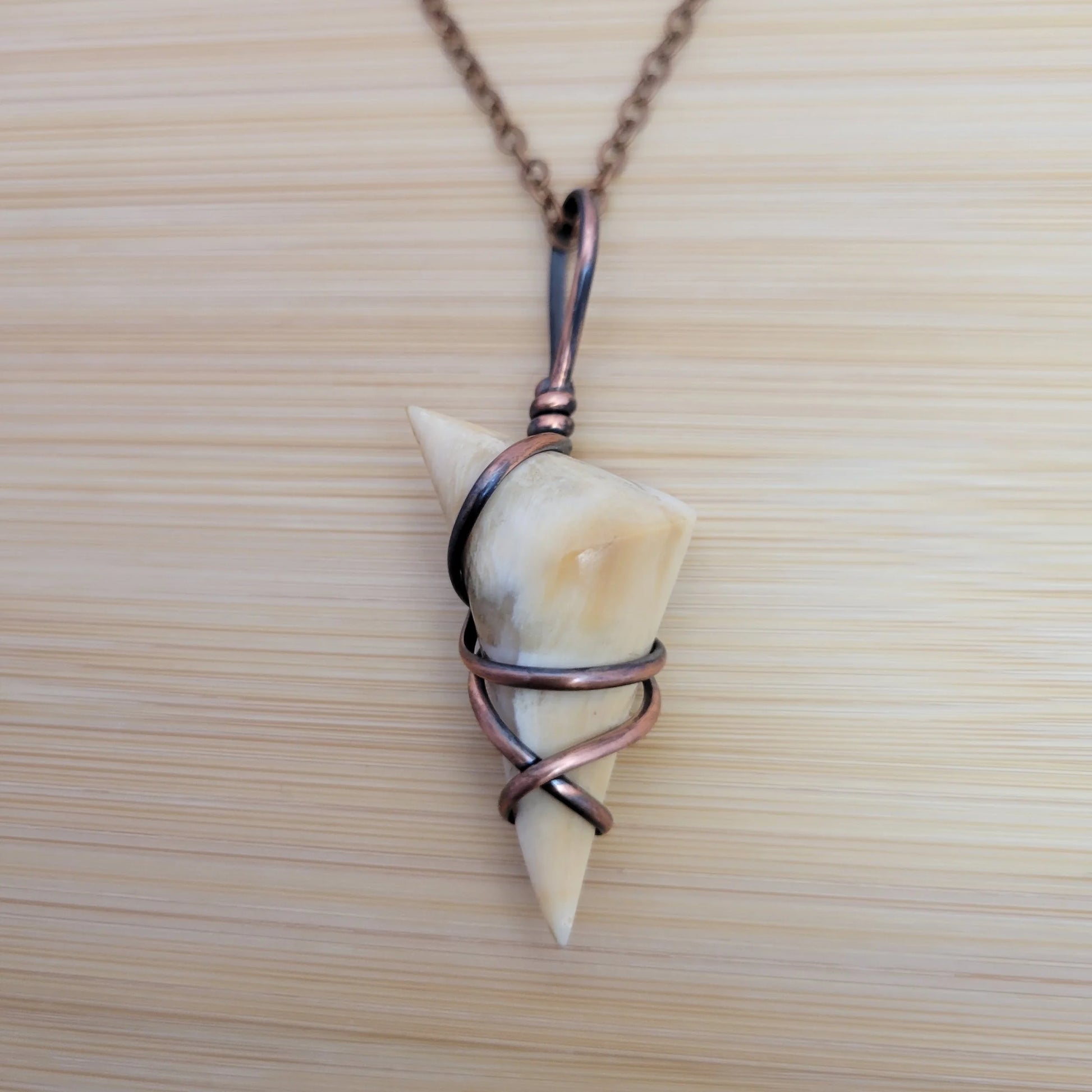 Handcrafted Petrified Wood Copper Pendant Necklace — detail view