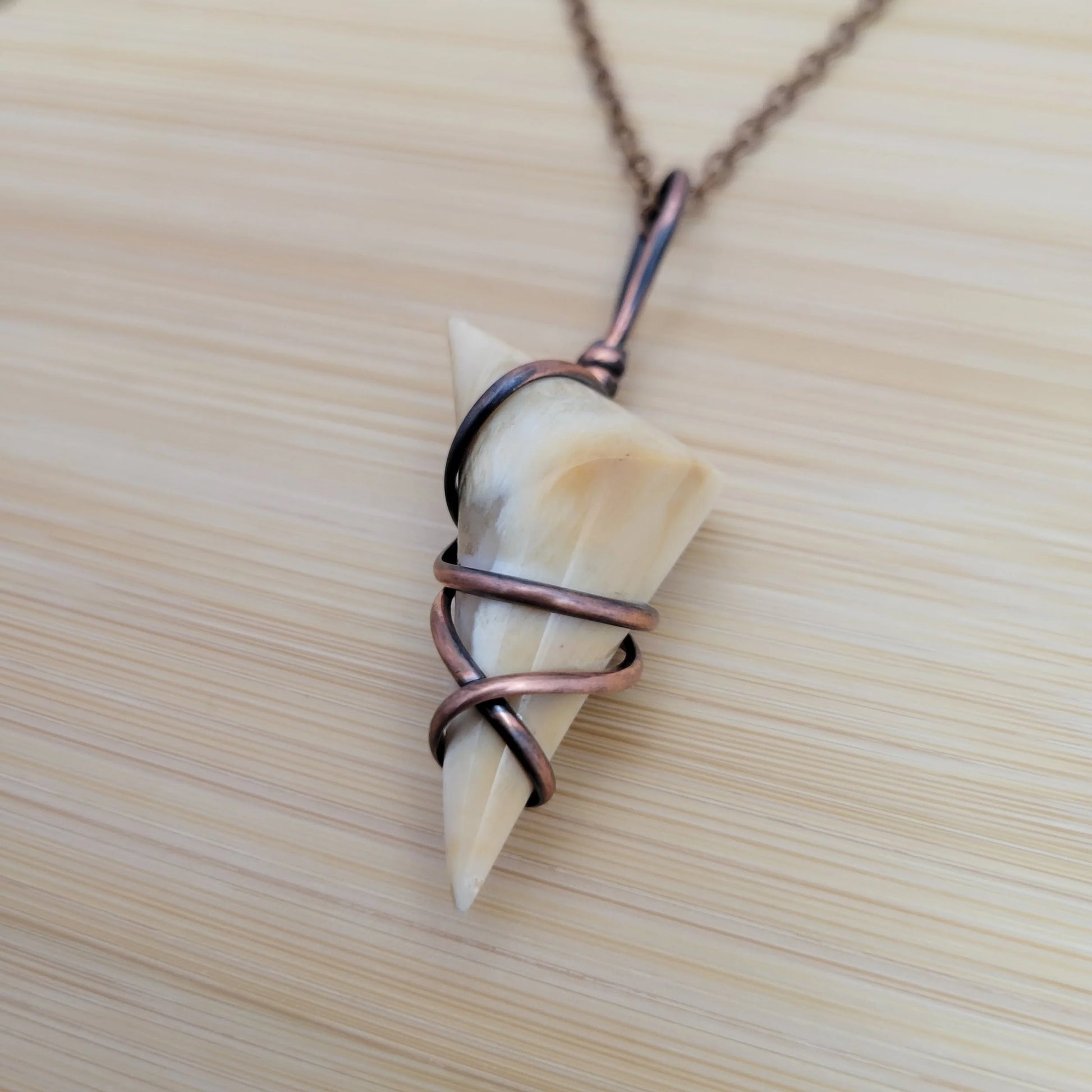 Handcrafted Petrified Wood Copper Pendant Necklace — reverse view