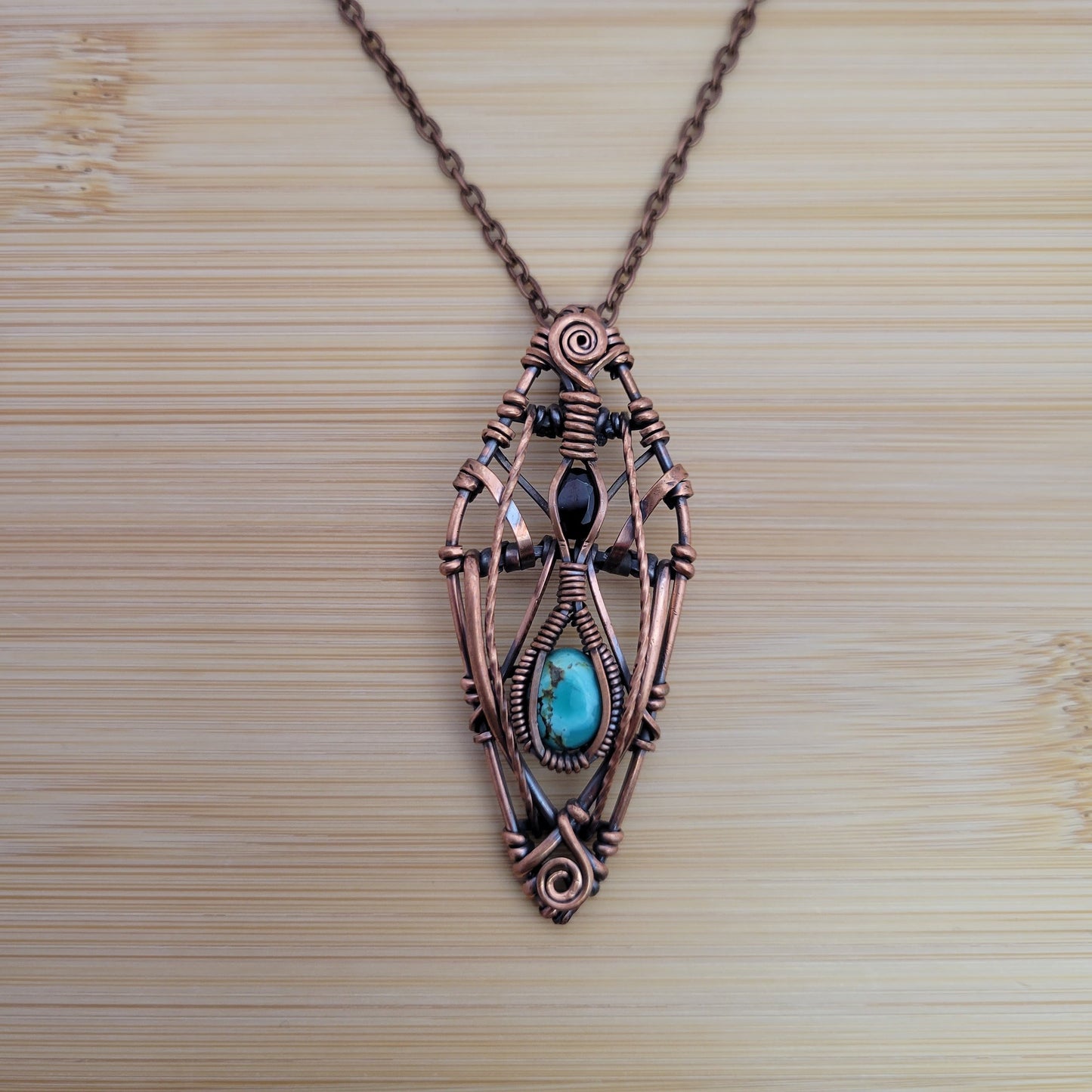 Handcrafted Garnet and Turquoise Copper Pendant Necklace — product image 6