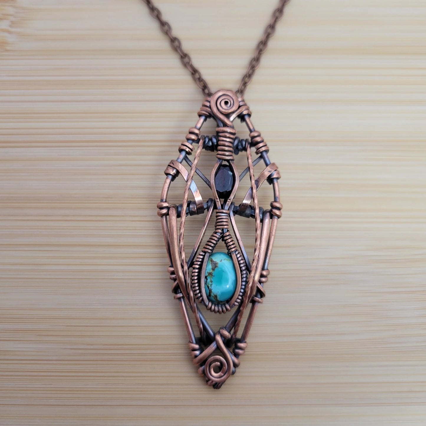 Handcrafted Garnet and Turquoise Copper Pendant Necklace — detail view