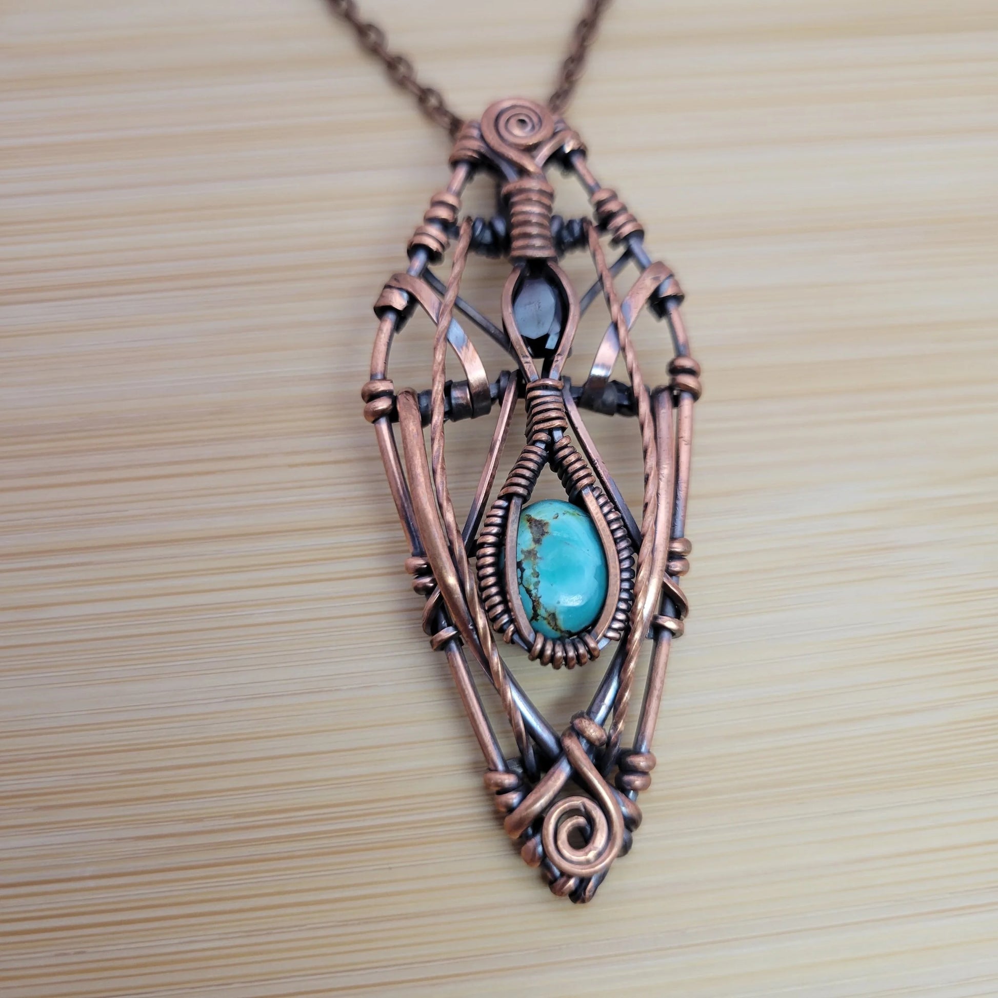 Handcrafted Garnet and Turquoise Copper Pendant Necklace — product image 7