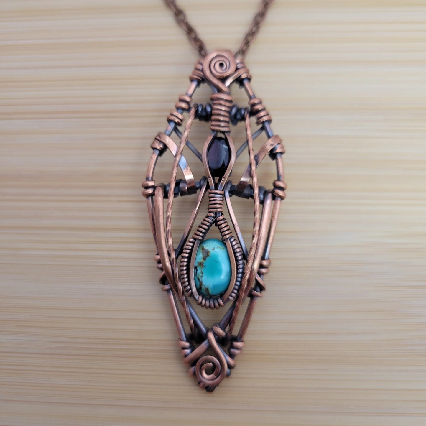 Handcrafted Garnet and Turquoise Copper Pendant Necklace — front view