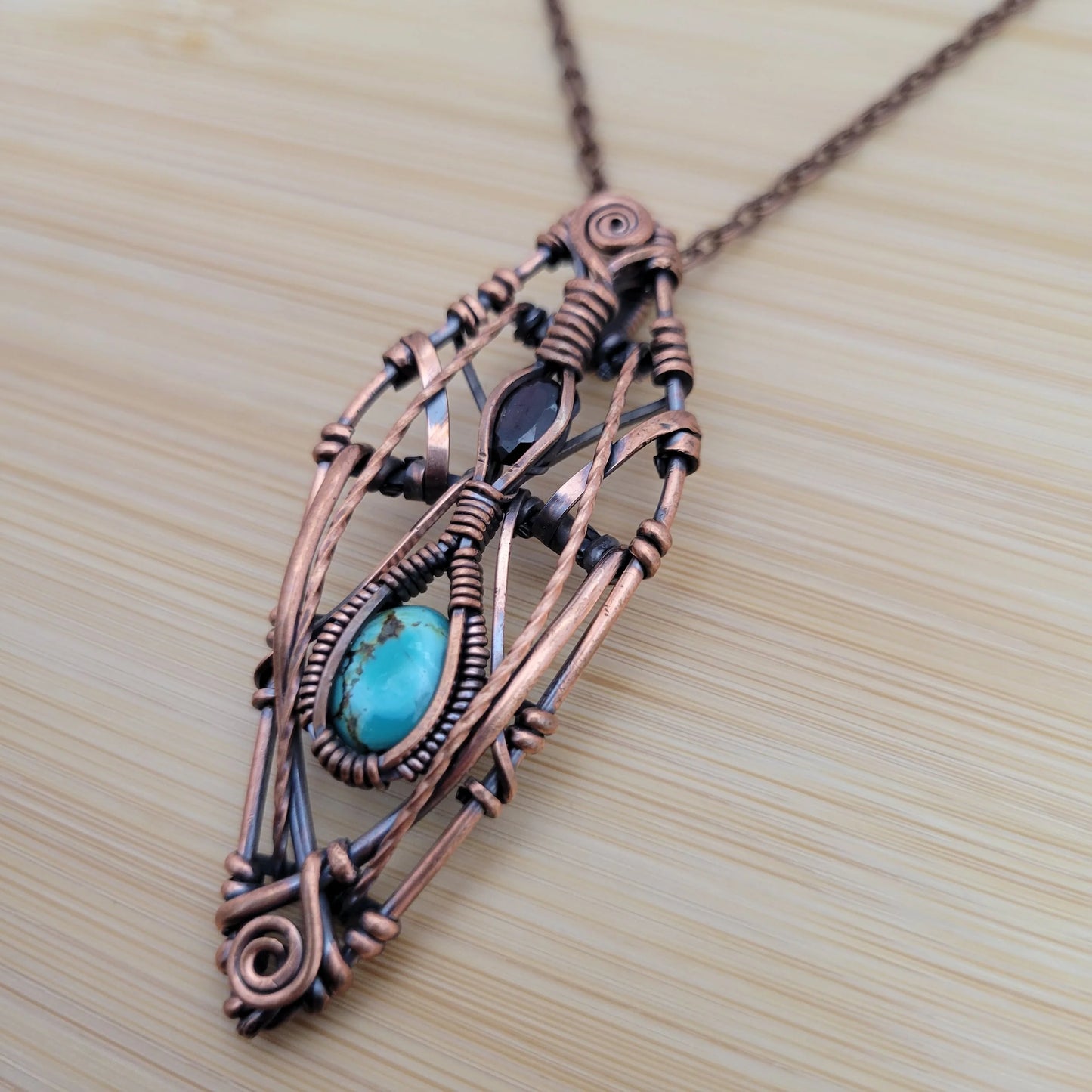 Handcrafted Garnet and Turquoise Copper Pendant Necklace — reverse view