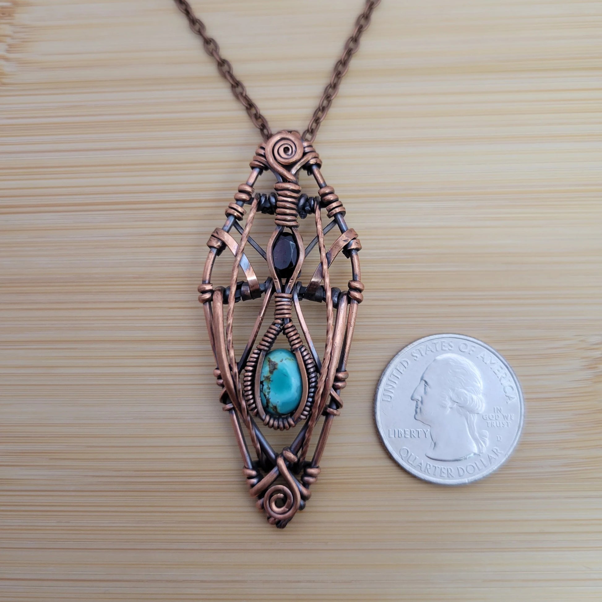 Handcrafted Garnet and Turquoise Copper Pendant Necklace — product image 8