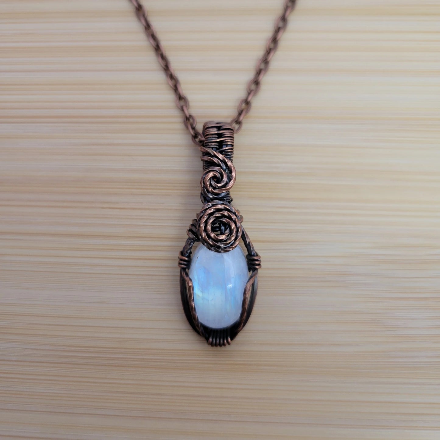 Handcrafted Rainbow Moonstone and Moonstone Copper Pendant Necklace — product image 9