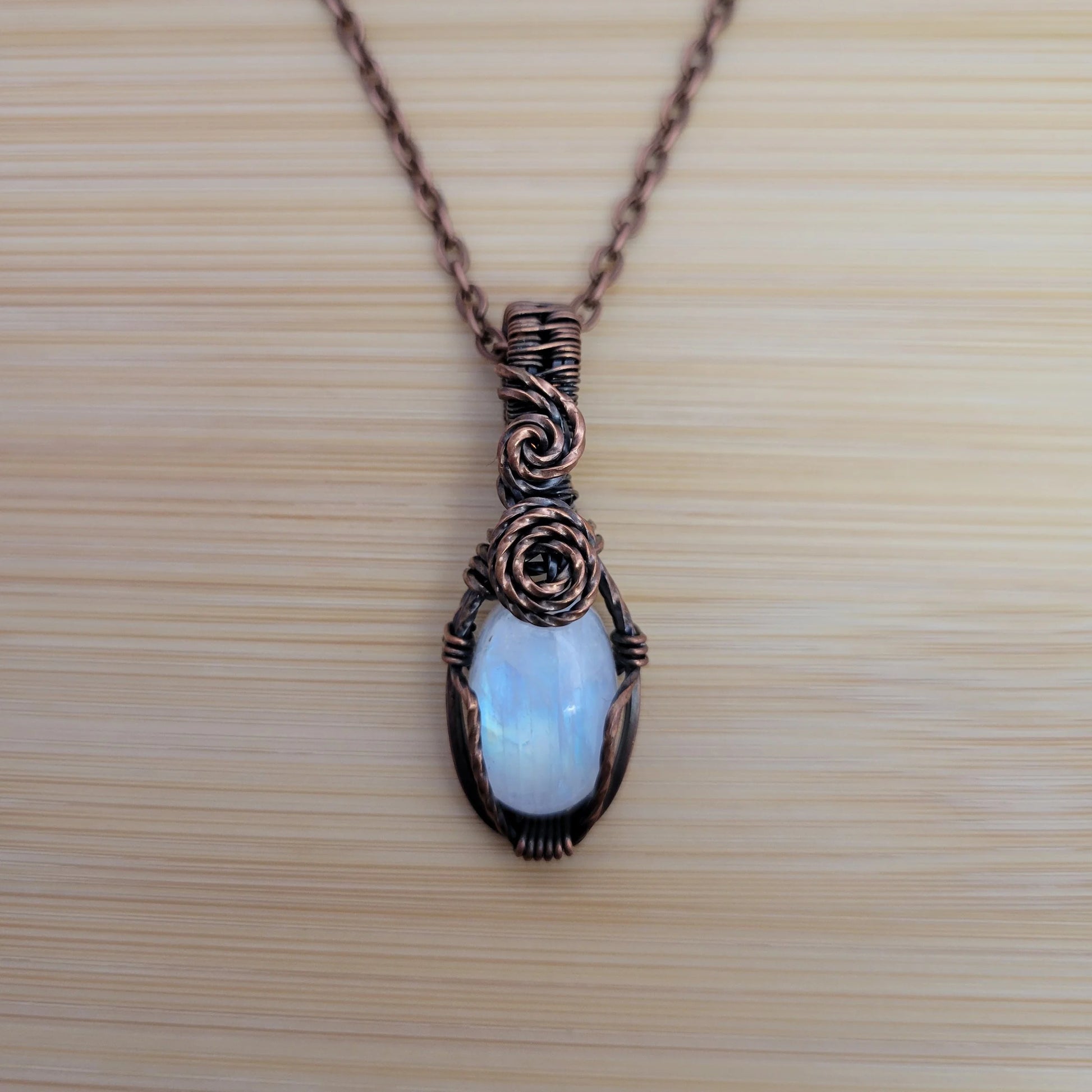 Handcrafted Rainbow Moonstone and Moonstone Copper Pendant Necklace — product image 9