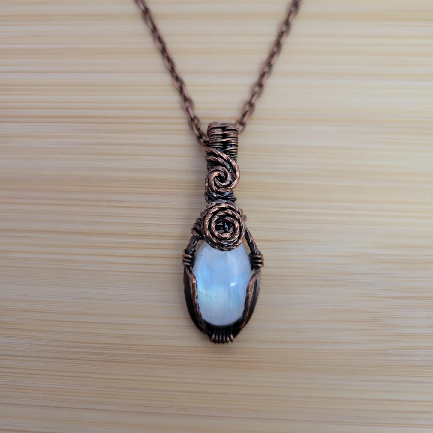 Handcrafted Rainbow Moonstone and Moonstone Copper Pendant Necklace — detail view