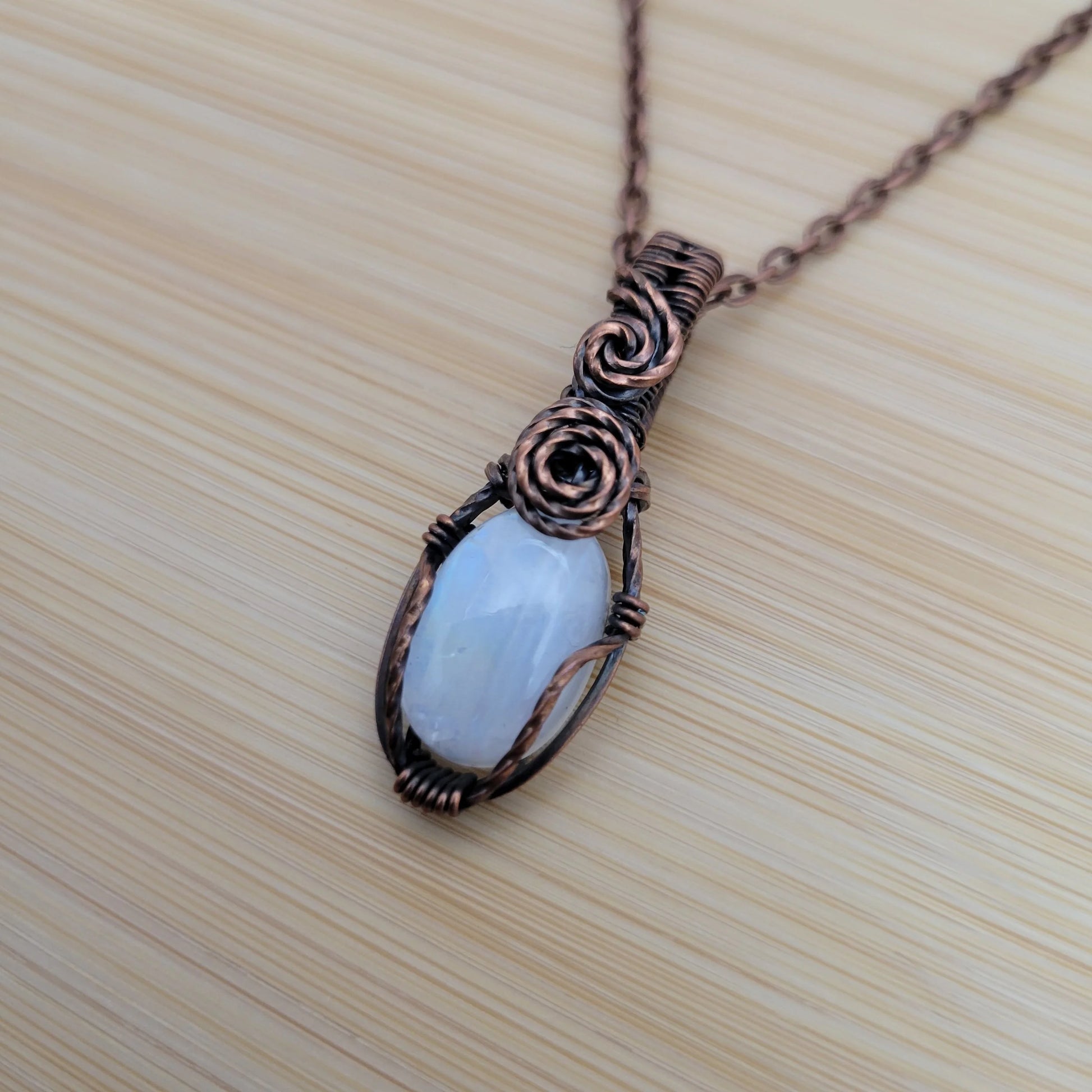 Handcrafted Rainbow Moonstone and Moonstone Copper Pendant Necklace — product image 7
