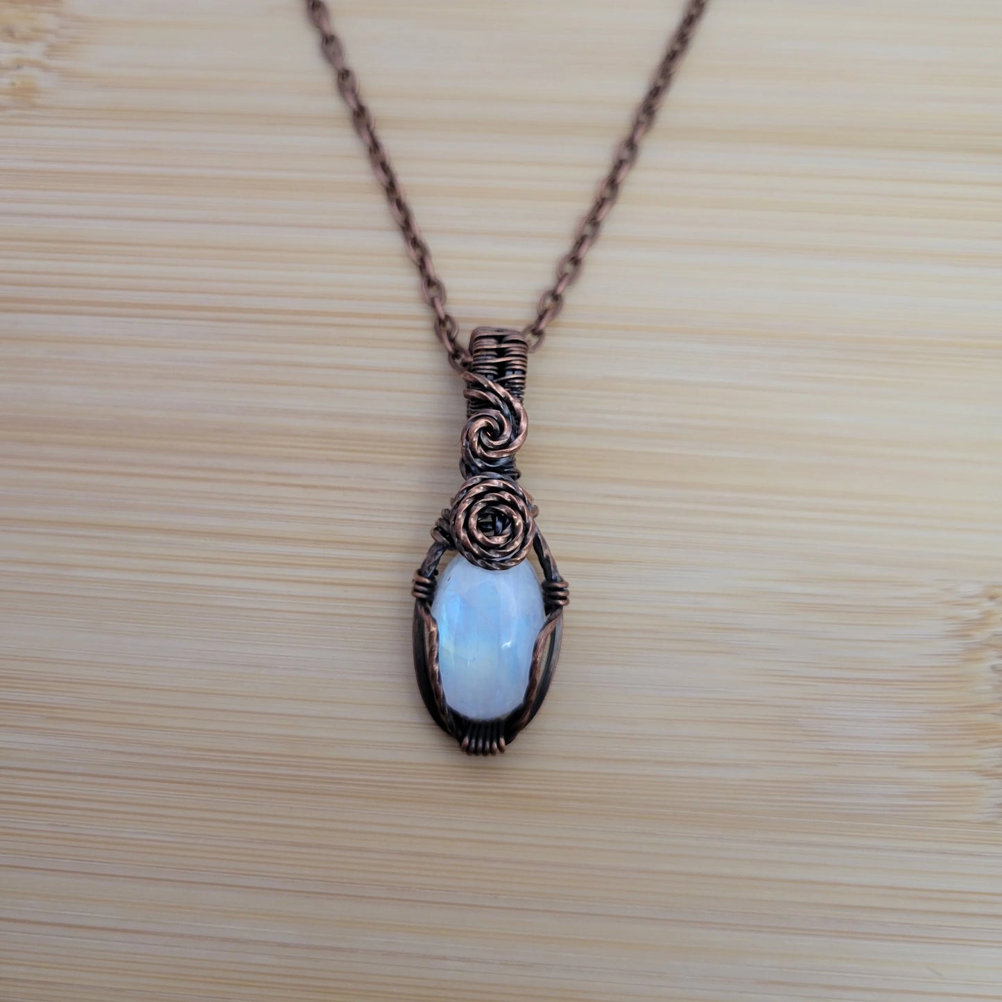 Handcrafted Rainbow Moonstone and Moonstone Copper Pendant Necklace — product image 6