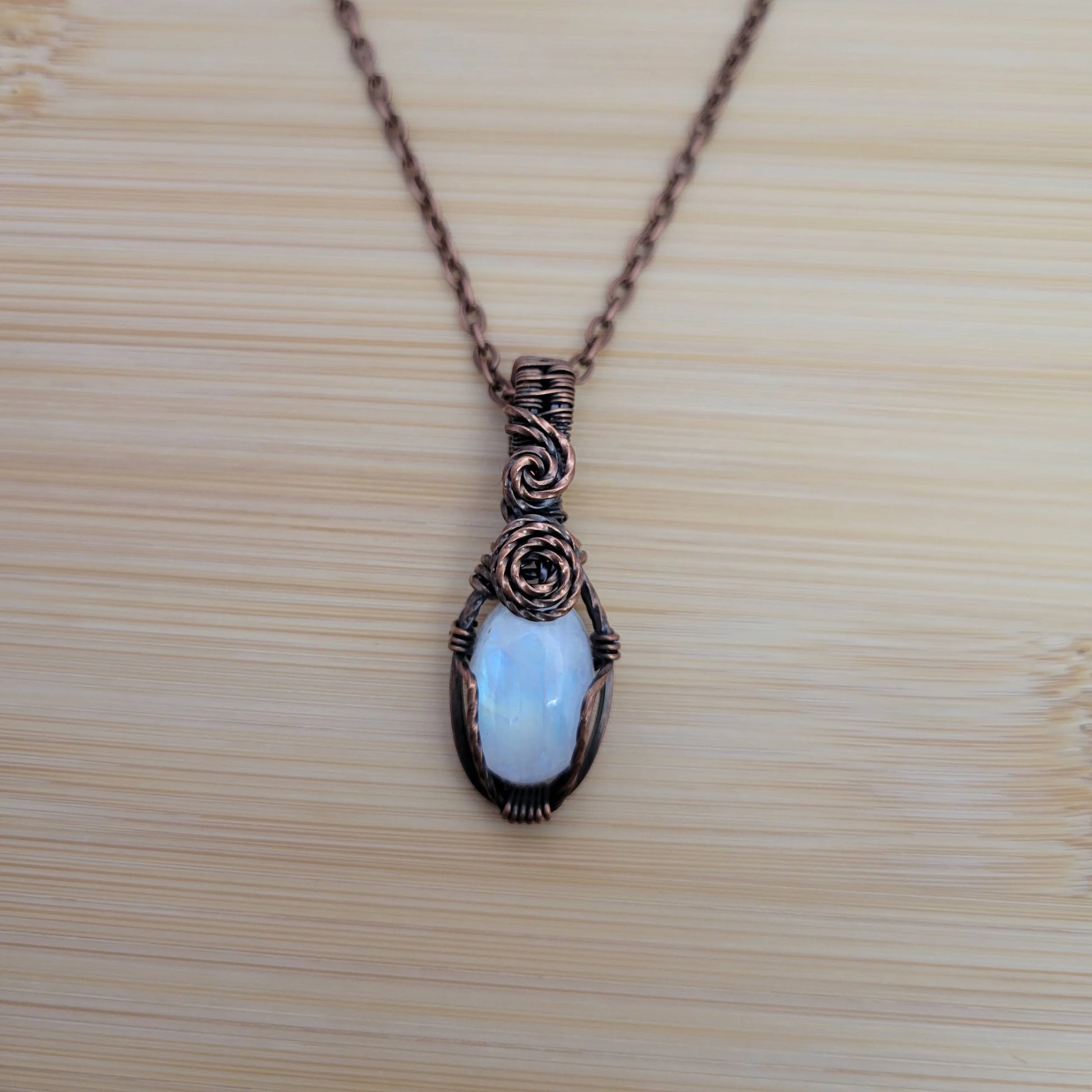 Handcrafted Rainbow Moonstone and Moonstone Copper Pendant Necklace — product image 6
