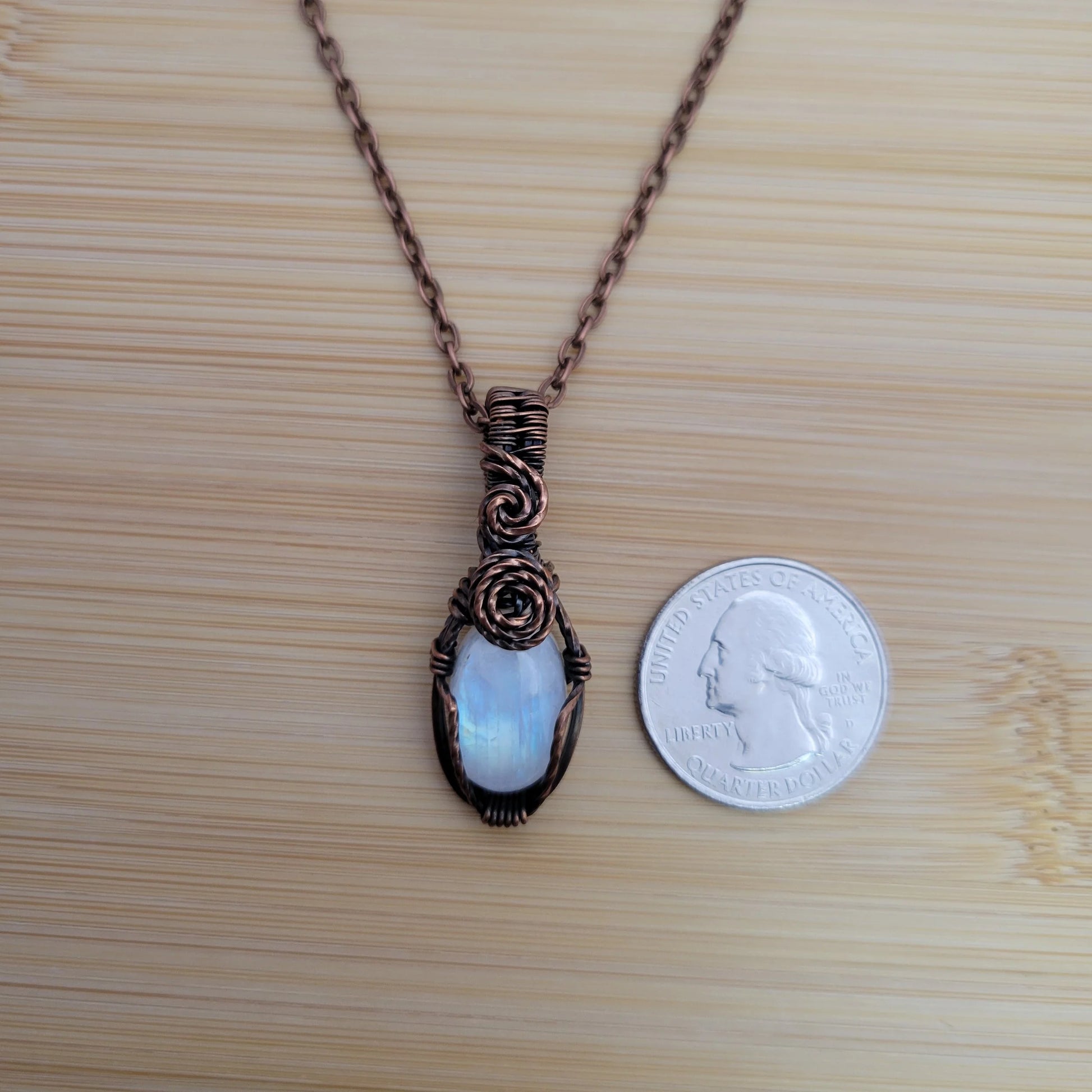 Handcrafted Rainbow Moonstone and Moonstone Copper Pendant Necklace — product image 10