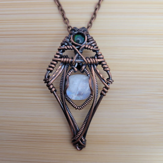 Handcrafted Black Opal and Rainbow Moonstone and Moonstone Copper Pendant Necklace — front view