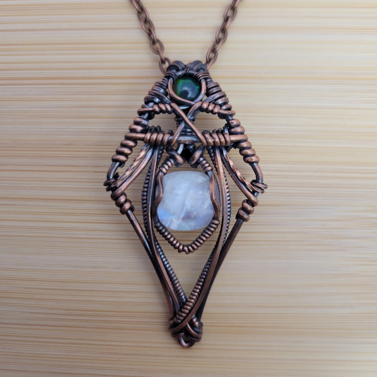 Handcrafted Black Opal and Rainbow Moonstone and Moonstone Copper Pendant Necklace — product image 9