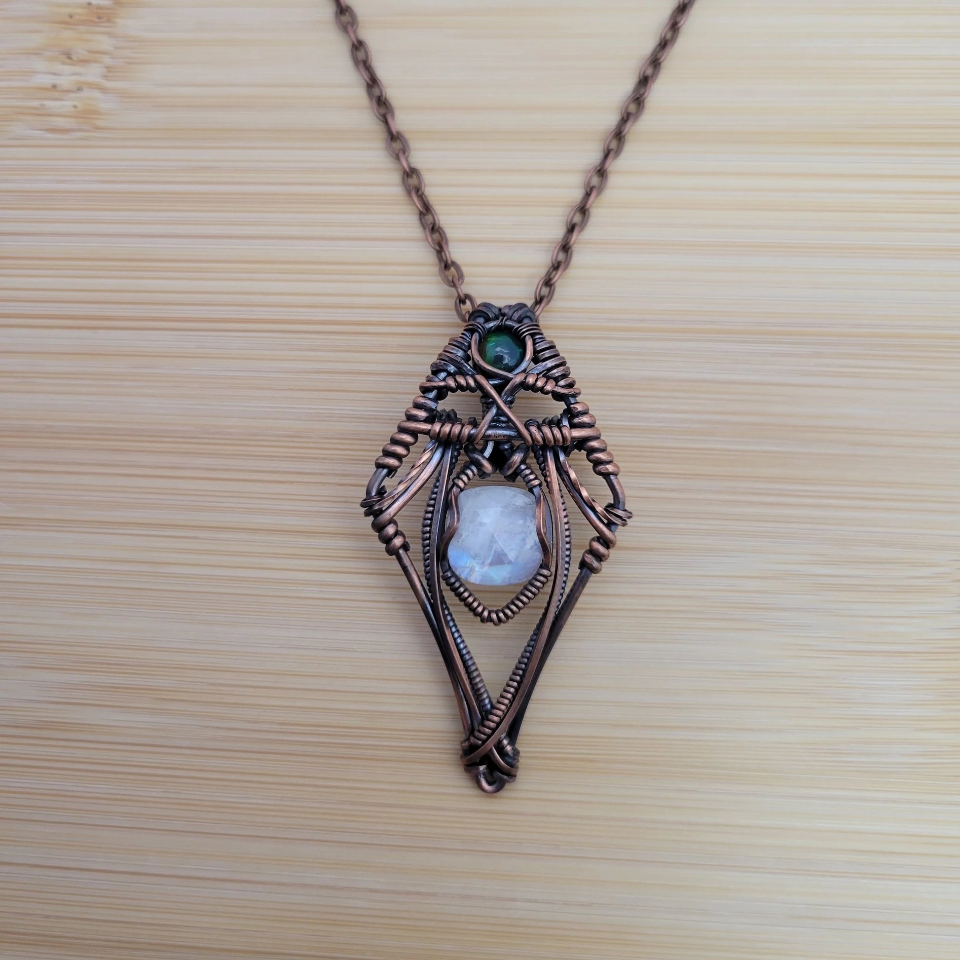 Handcrafted Black Opal and Rainbow Moonstone and Moonstone Copper Pendant Necklace — product image 8
