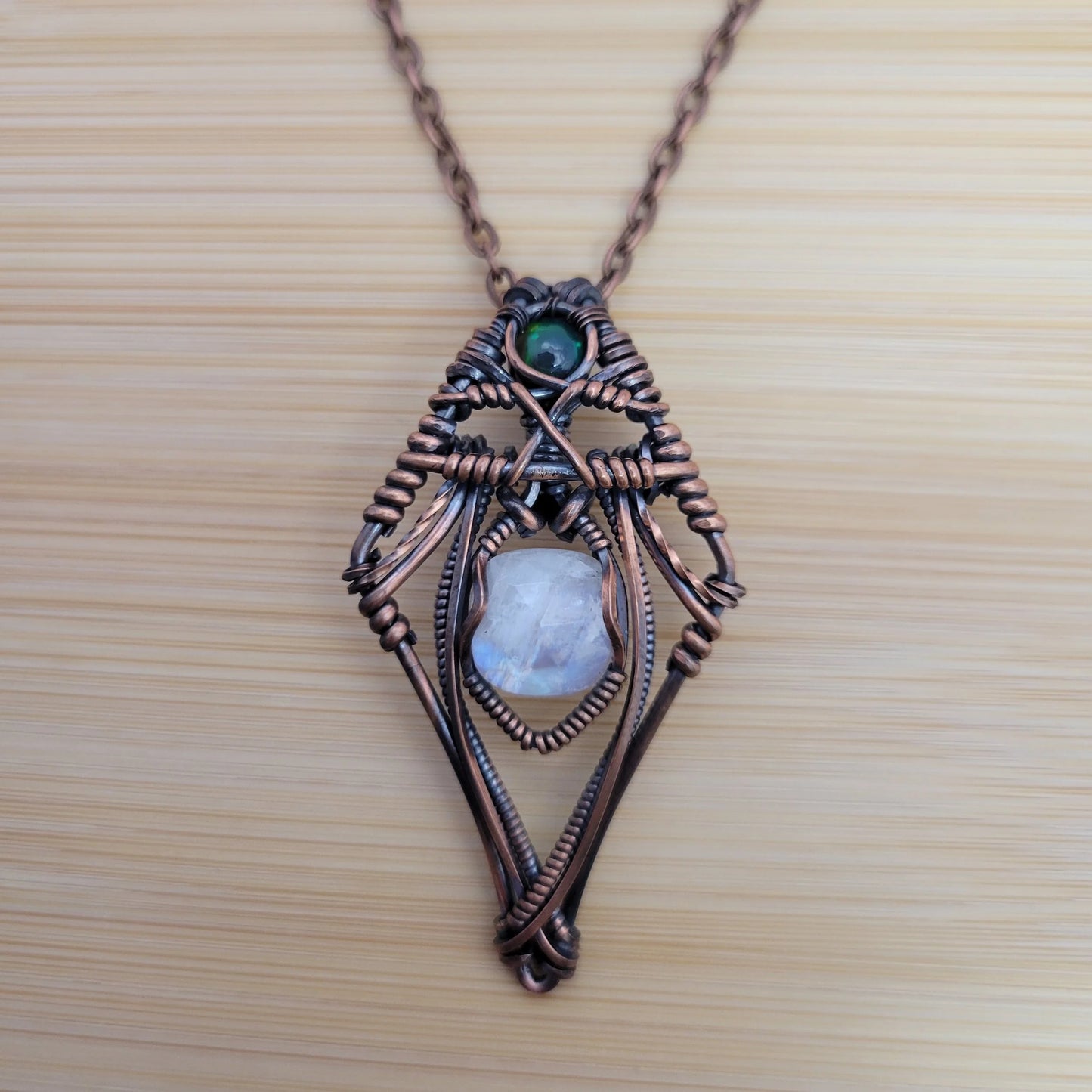 Handcrafted Black Opal and Rainbow Moonstone and Moonstone Copper Pendant Necklace — reverse view