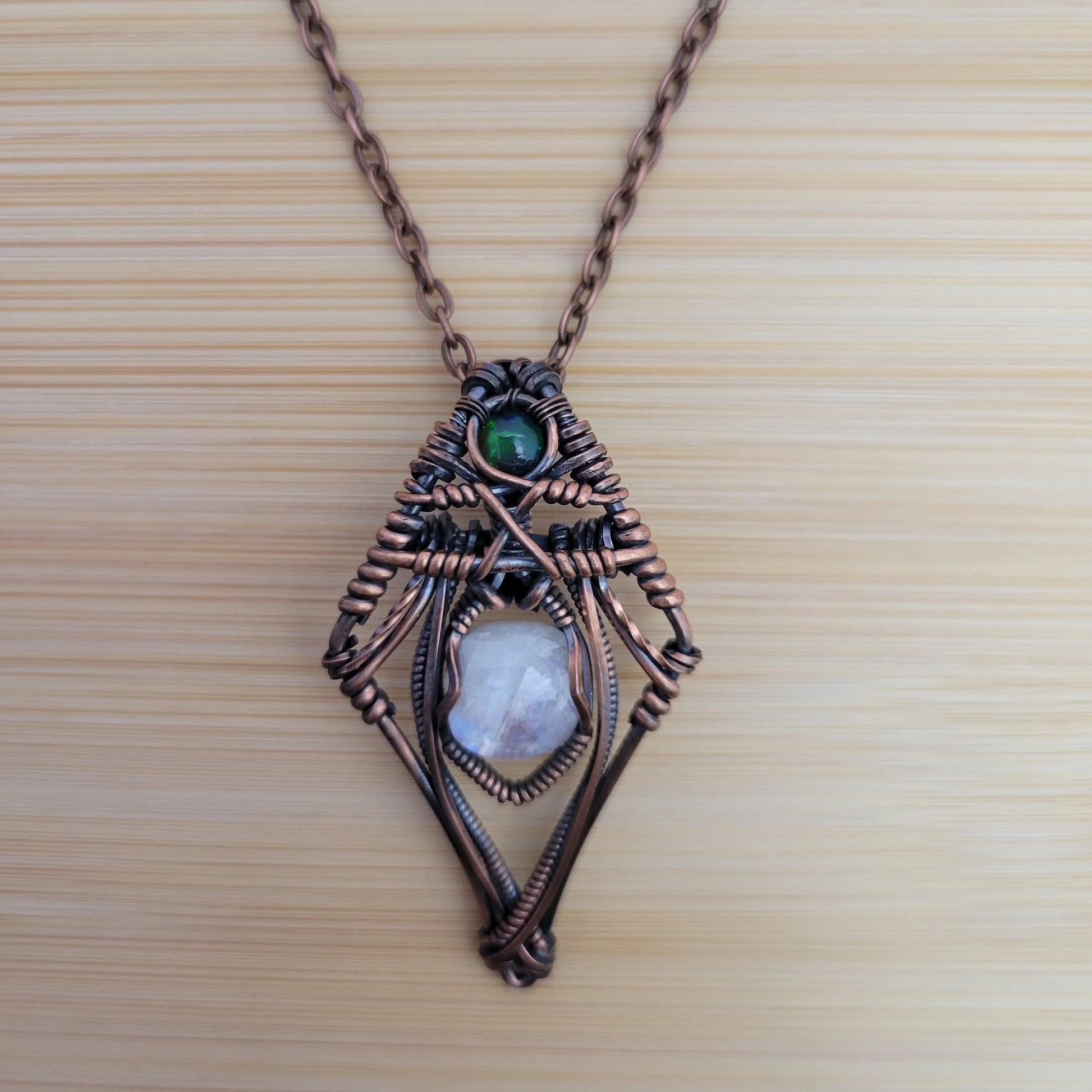 Handcrafted Black Opal and Rainbow Moonstone and Moonstone Copper Pendant Necklace — product image 6