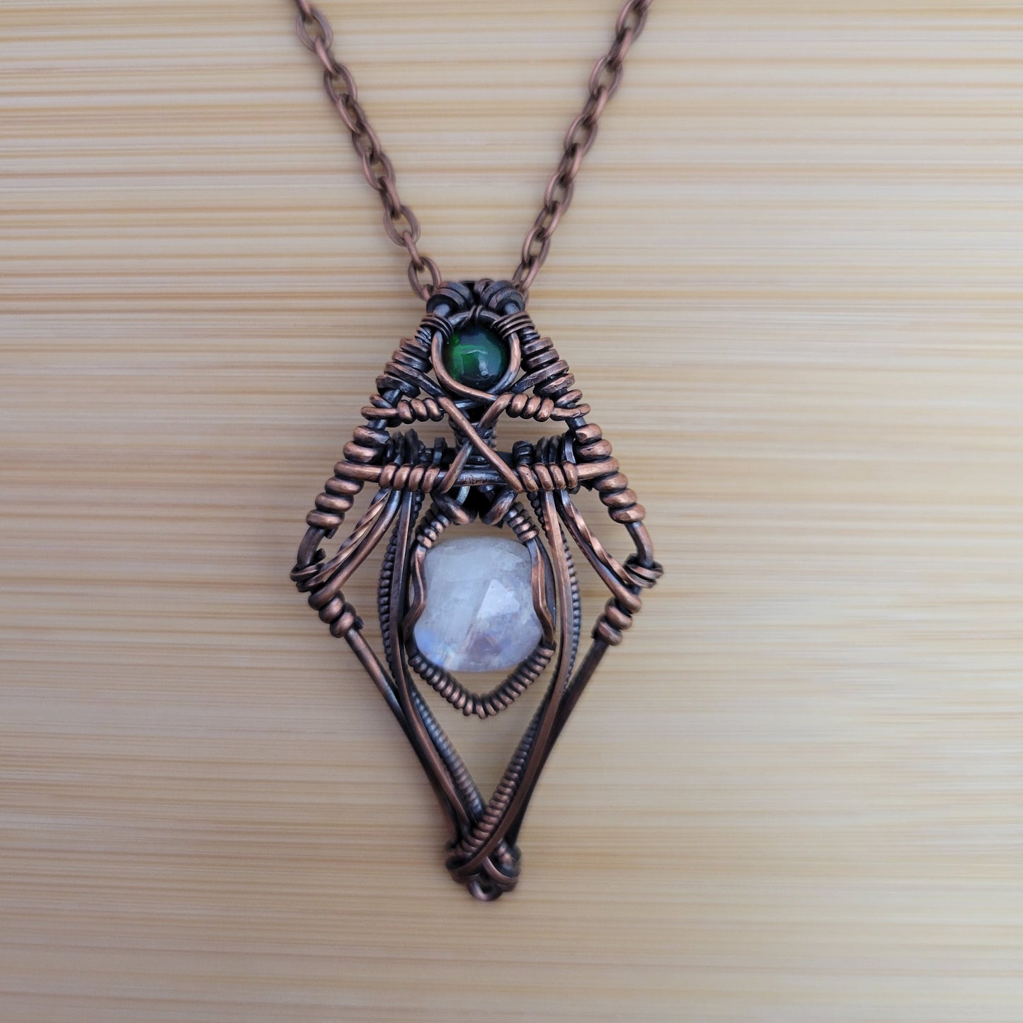 Handcrafted Black Opal and Rainbow Moonstone and Moonstone Copper Pendant Necklace — product image 7