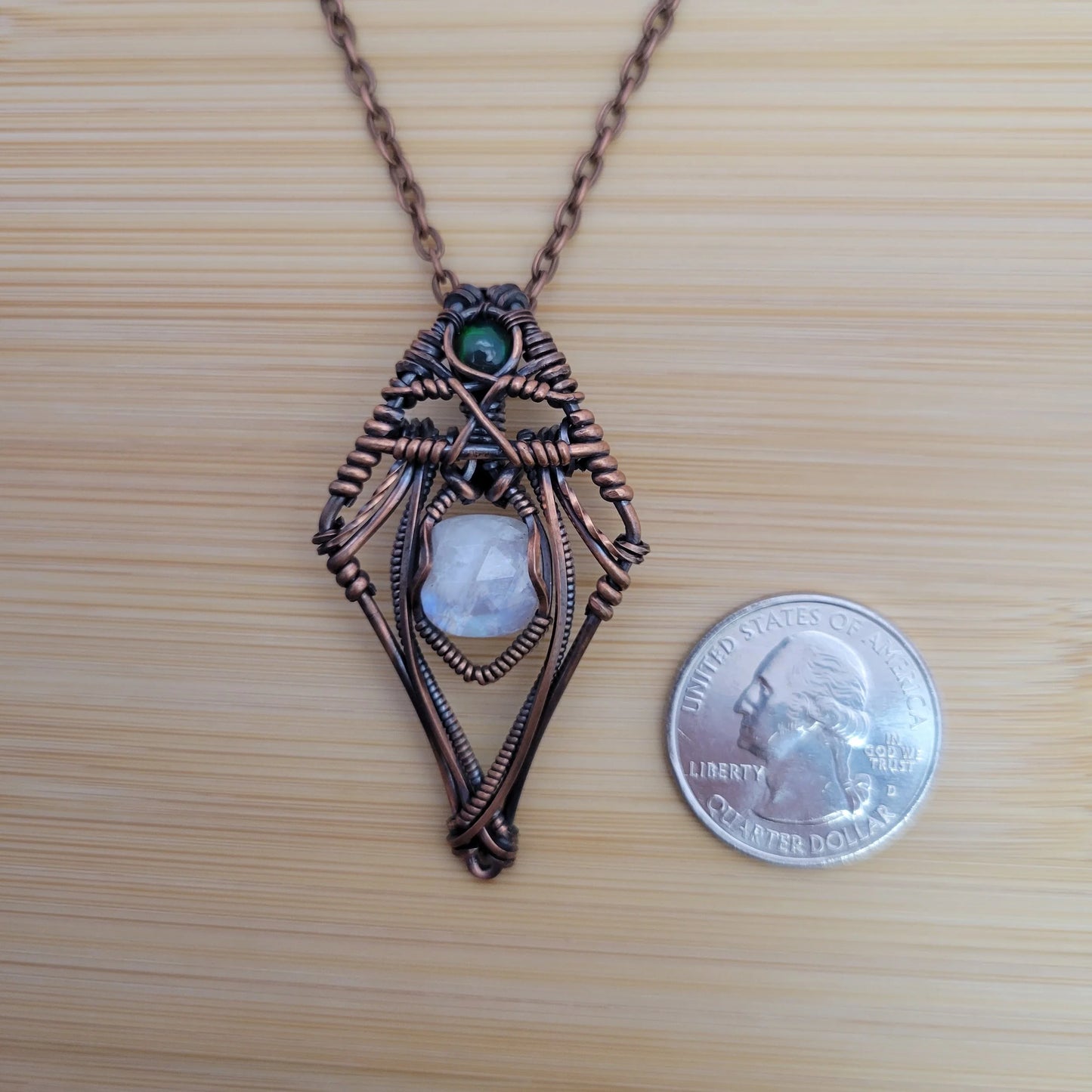 Handcrafted Black Opal and Rainbow Moonstone and Moonstone Copper Pendant Necklace — product image 10