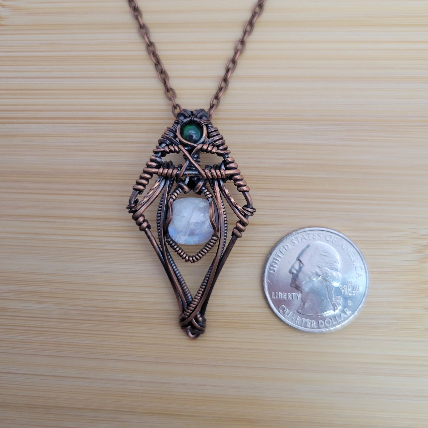Handcrafted Black Opal and Rainbow Moonstone and Moonstone Copper Pendant Necklace — product image 11