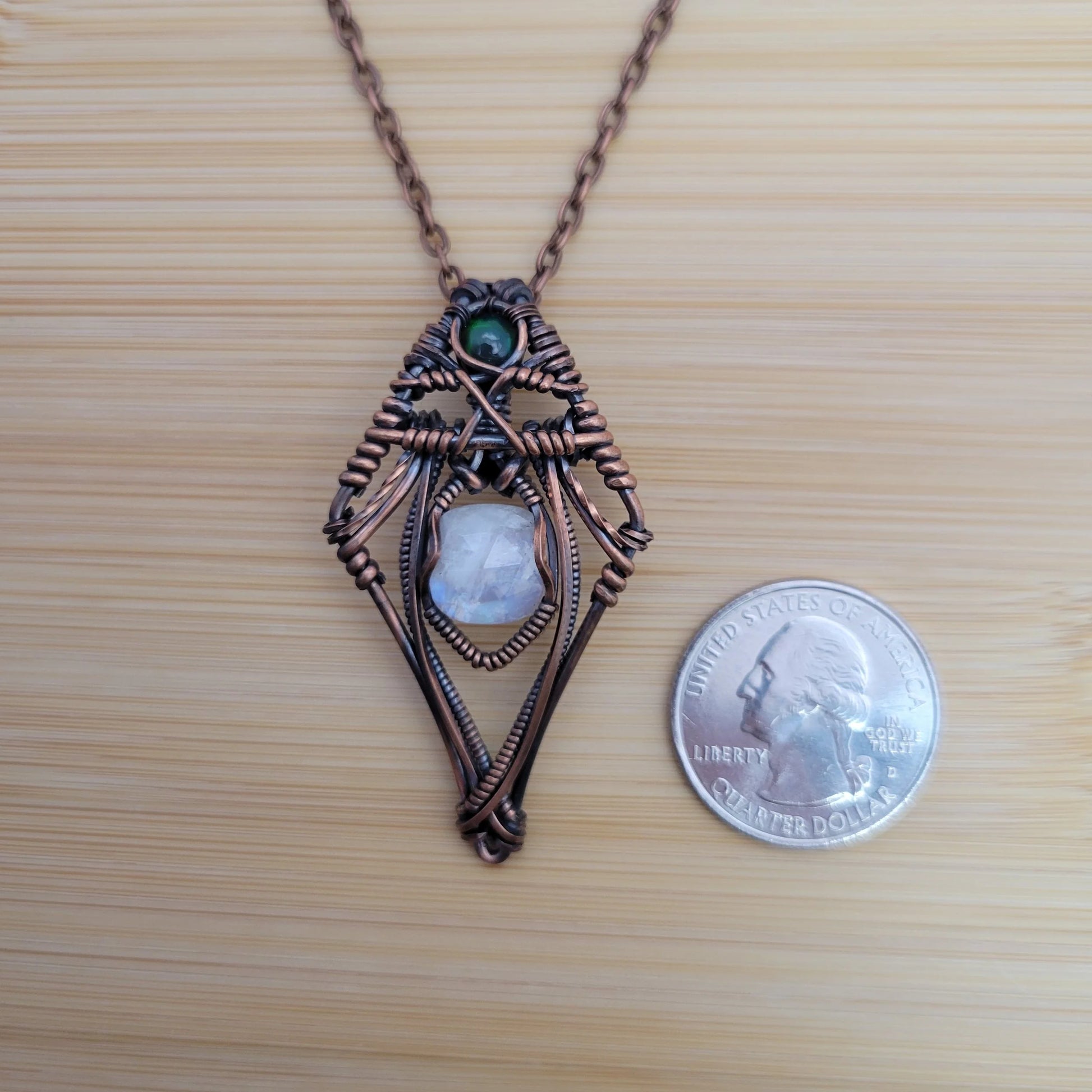 Handcrafted Black Opal and Rainbow Moonstone and Moonstone Copper Pendant Necklace — product image 11